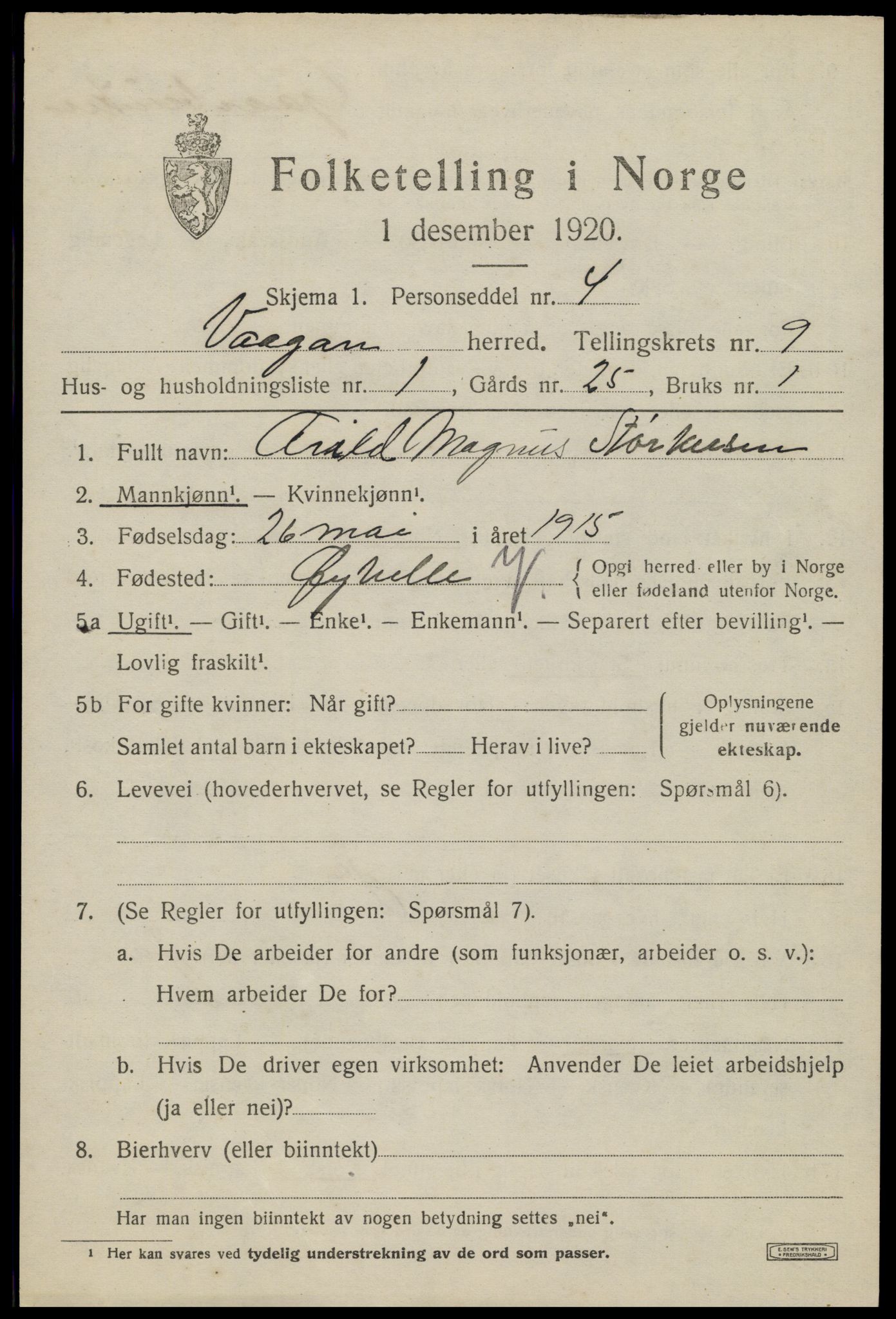 SAT, 1920 census for Vågan, 1920, p. 8103