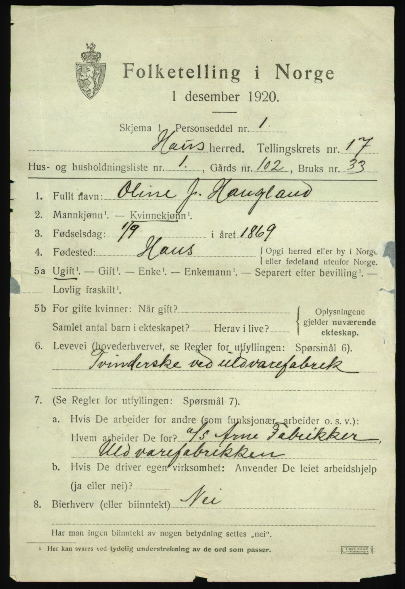 SAB, 1920 census for Haus, 1920, p. 10736