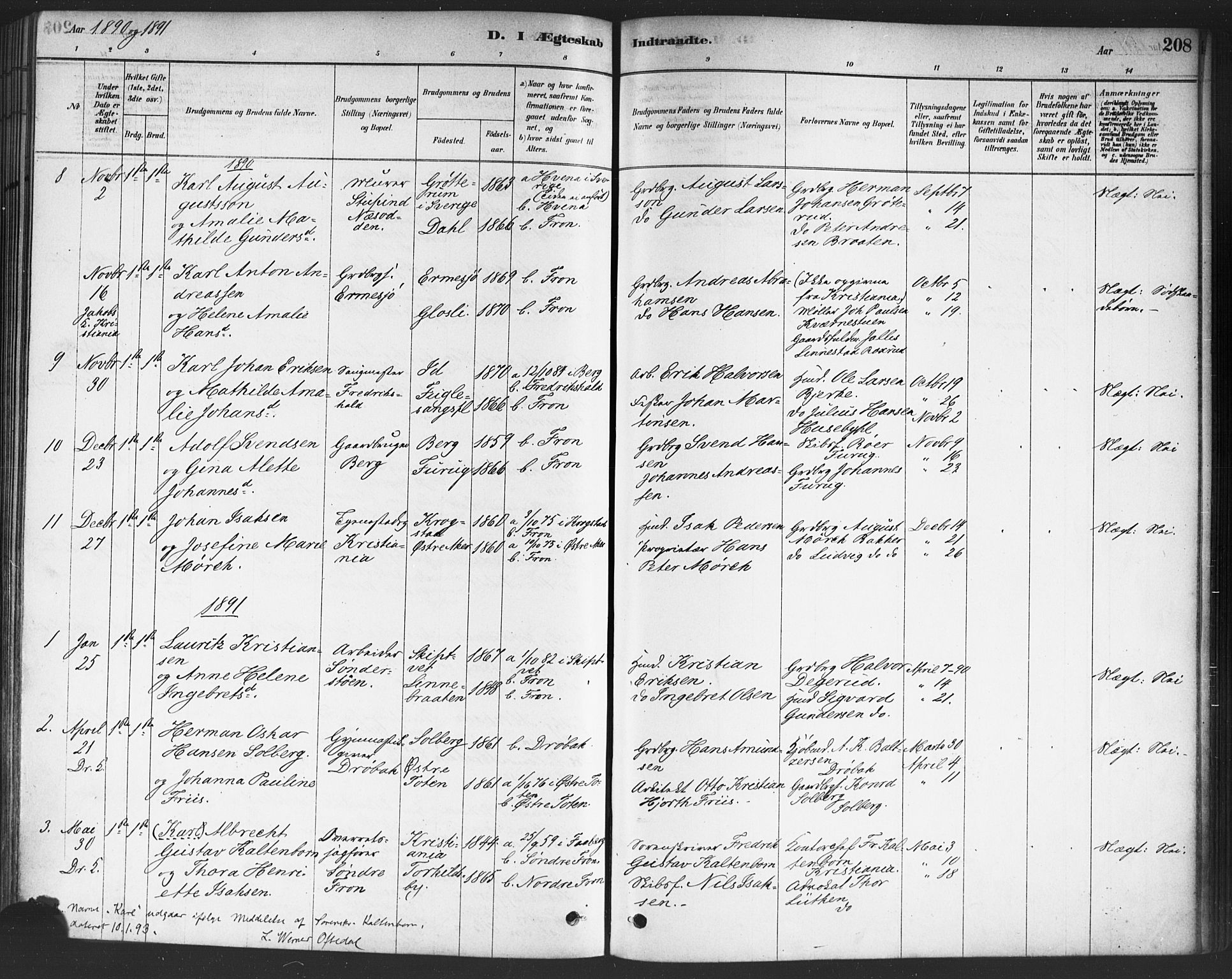 Drøbak prestekontor Kirkebøker, SAO/A-10142a/F/Fc/L0002: Parish register (official) no. III 2, 1878-1891, p. 208