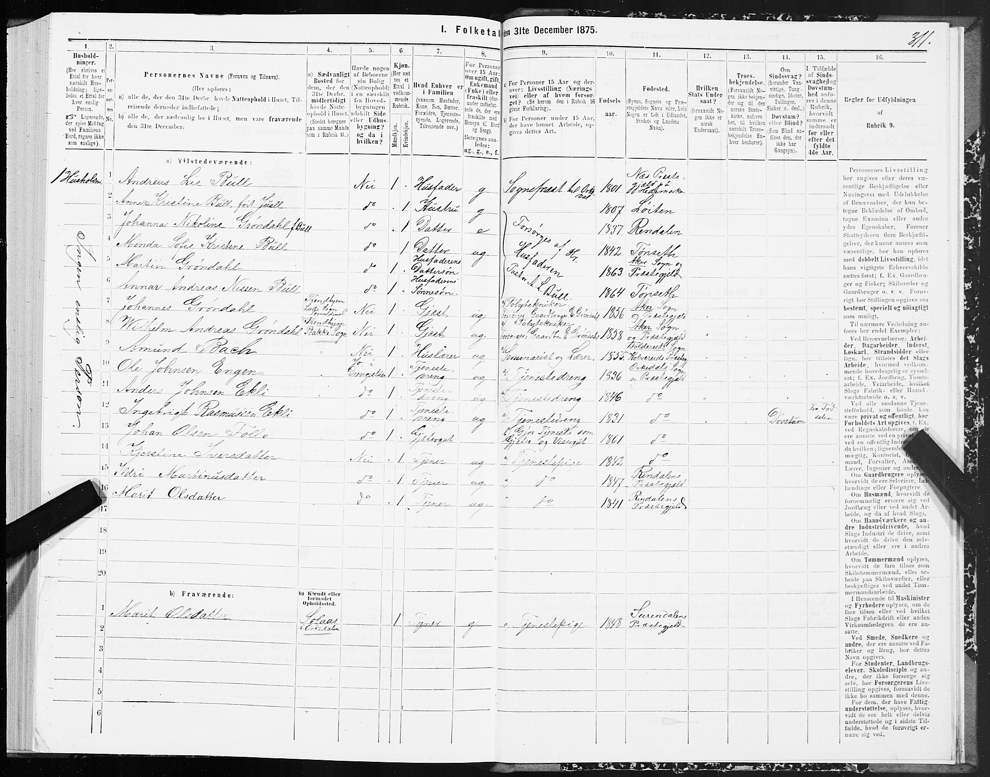 SAT, 1875 census for 1638P Orkdal, 1875, p. 2311