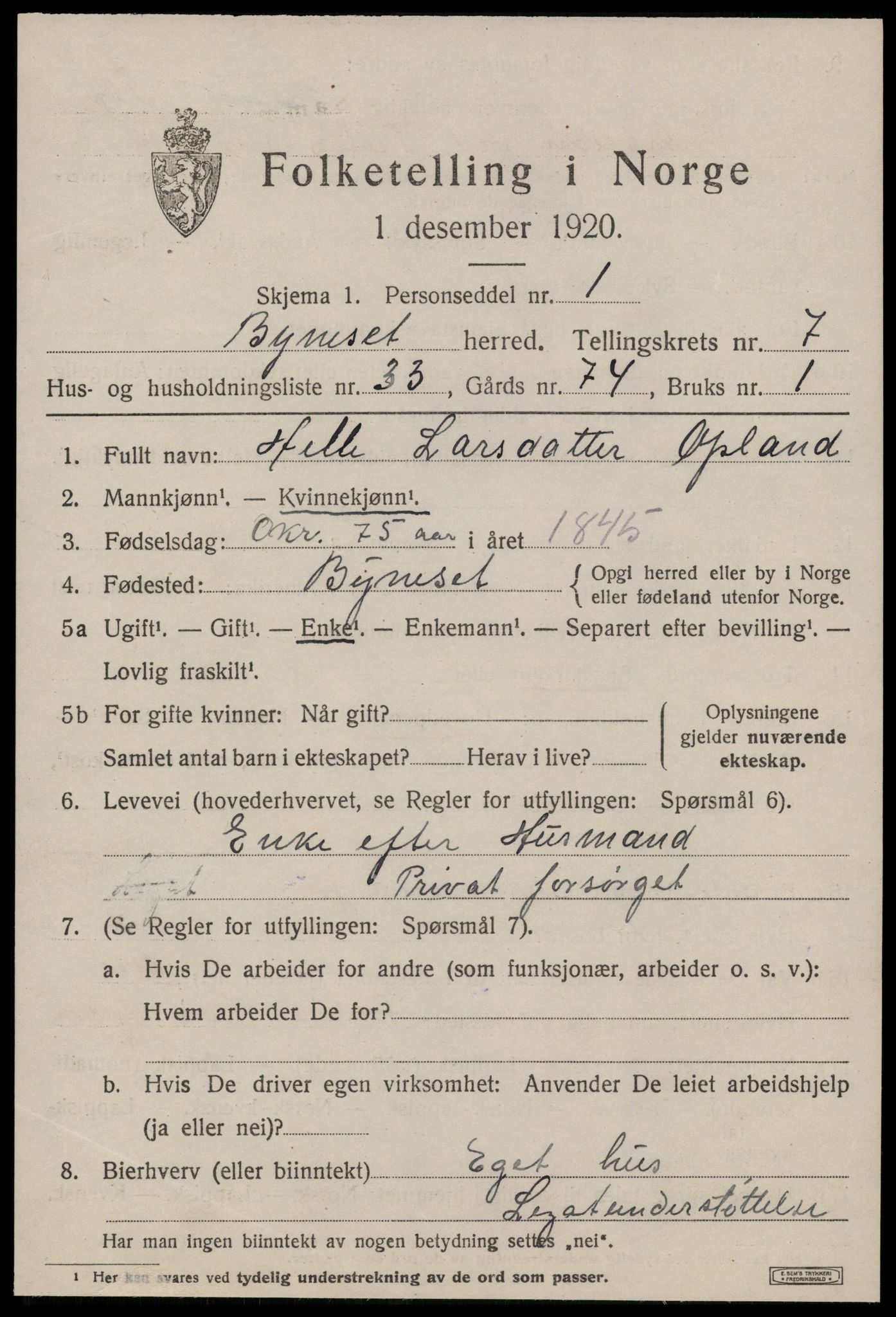 SAT, 1920 census for Byneset, 1920, p. 3840