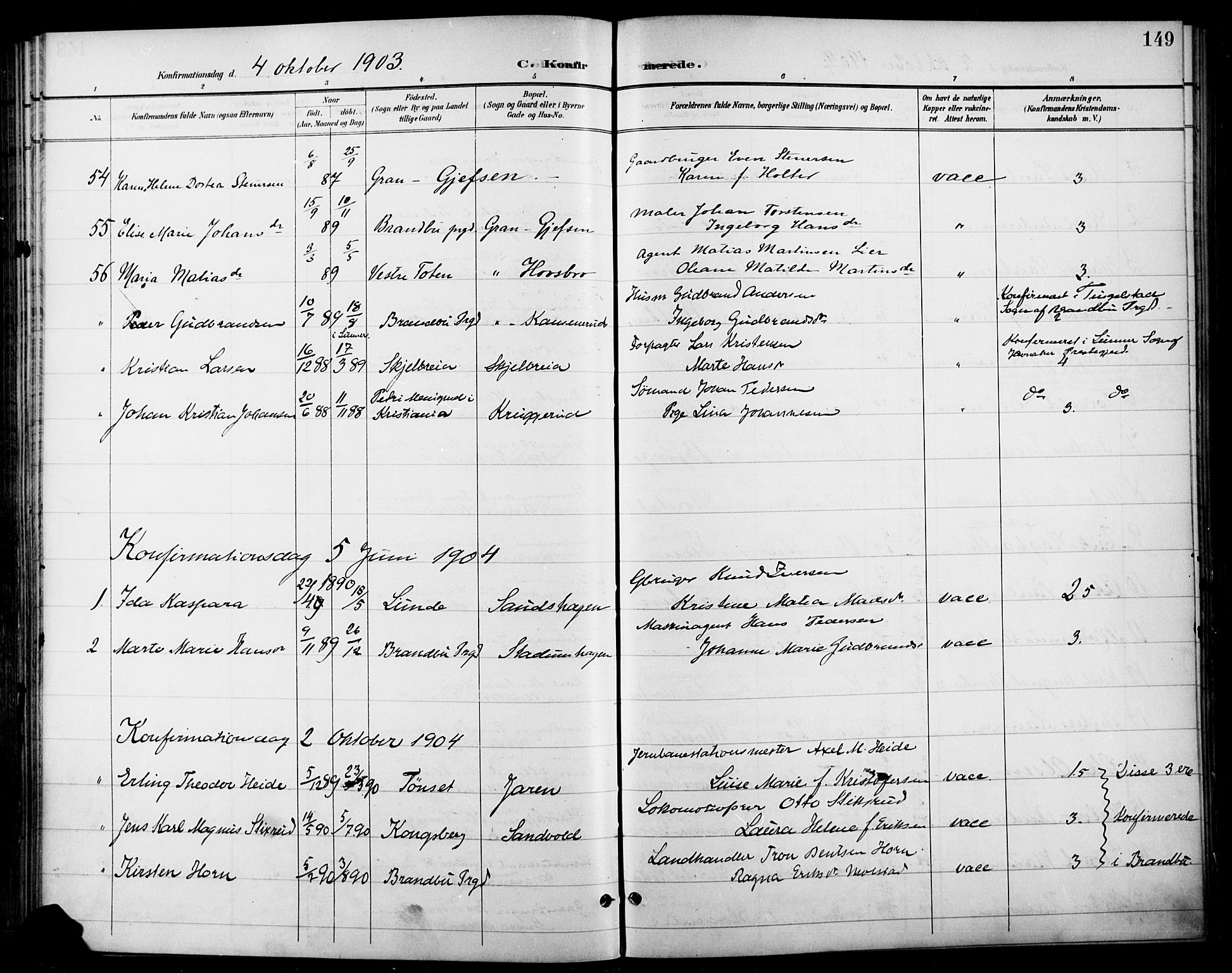 Gran prestekontor, SAH/PREST-112/H/Ha/Haa/L0019: Parish register (official) no. 19, 1898-1907, p. 149