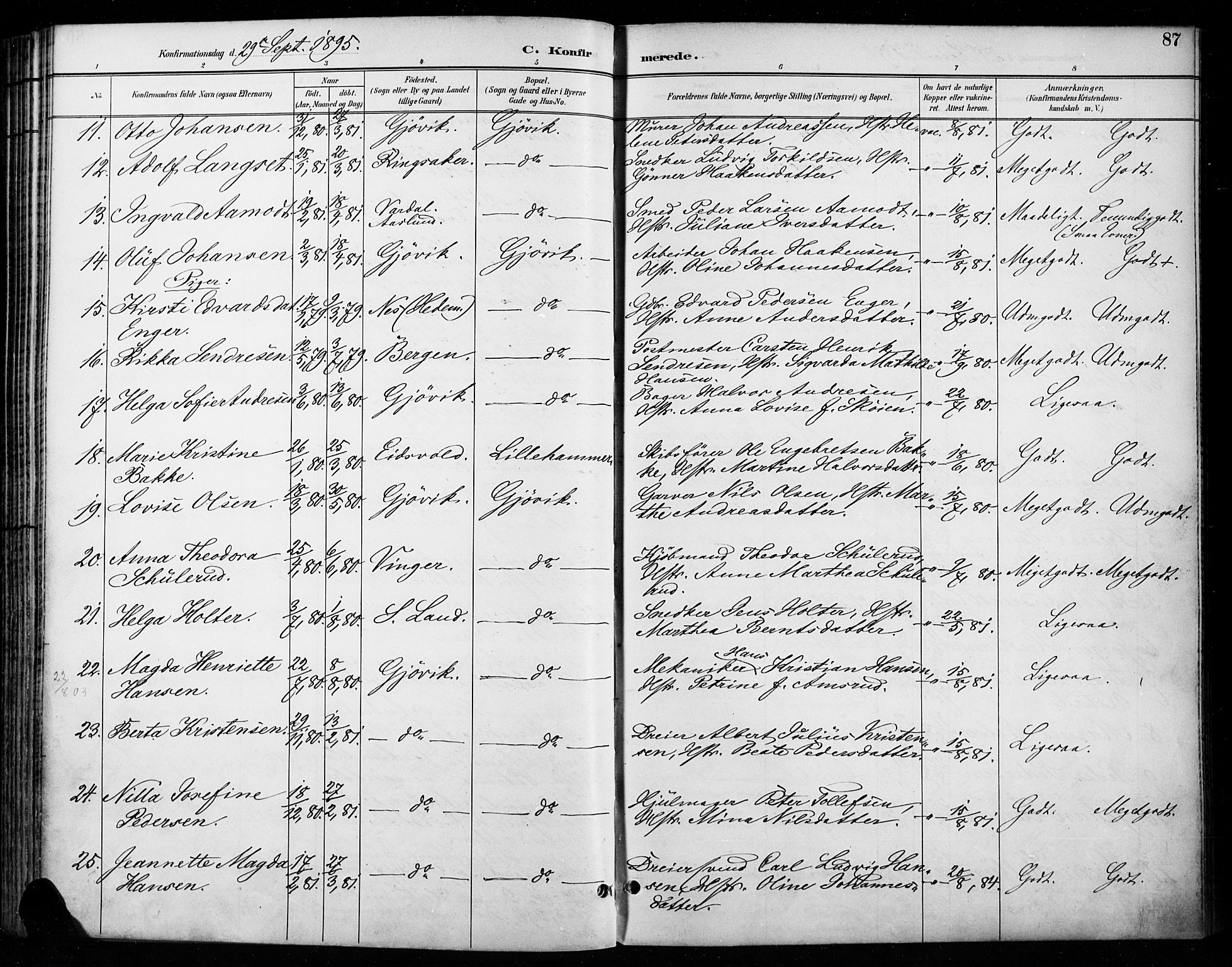 Vardal prestekontor, SAH/PREST-100/H/Ha/Haa/L0011: Parish register (official) no. 11, 1891-1901, p. 87