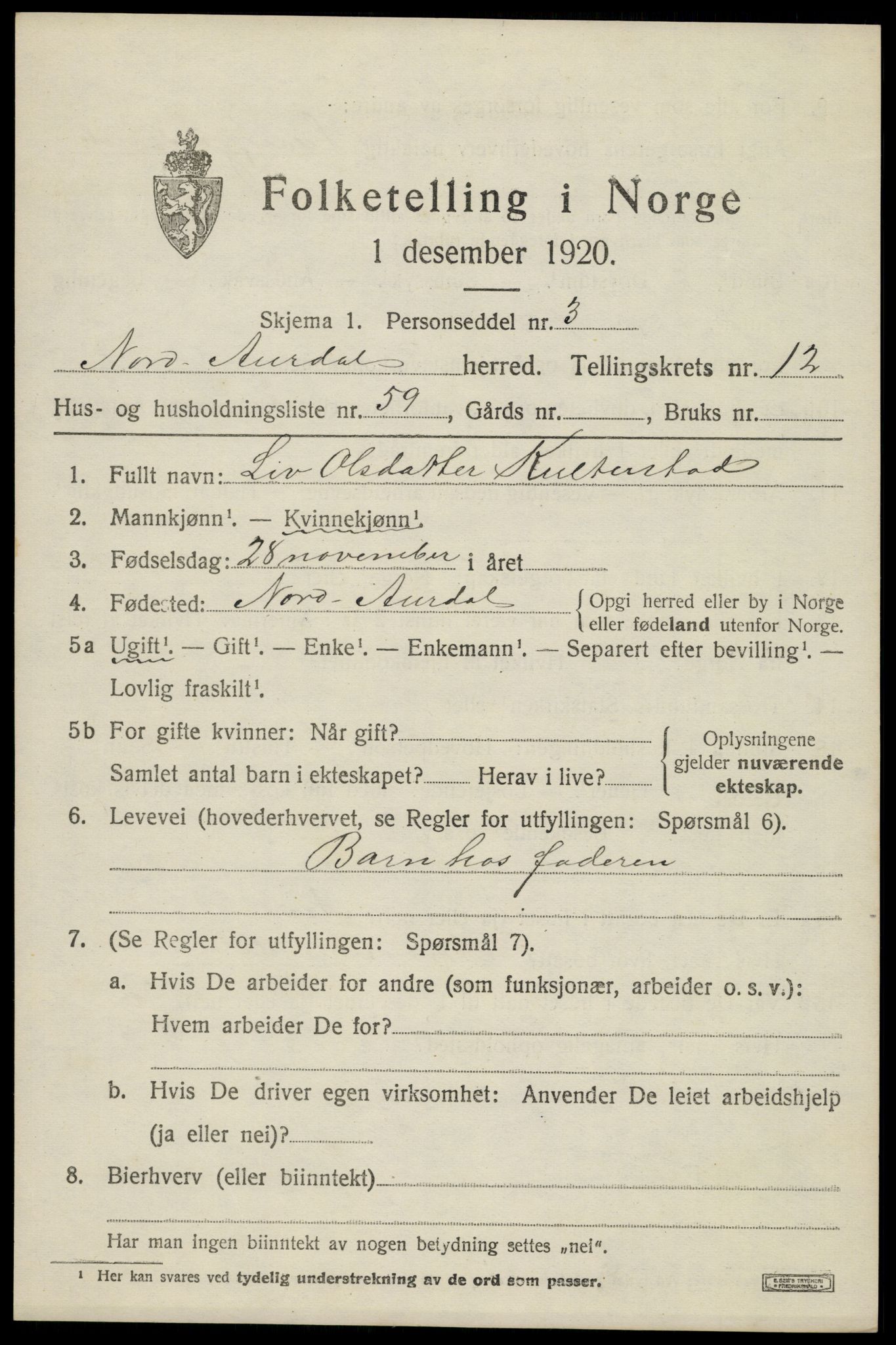 SAH, 1920 census for Nord-Aurdal, 1920, p. 10458