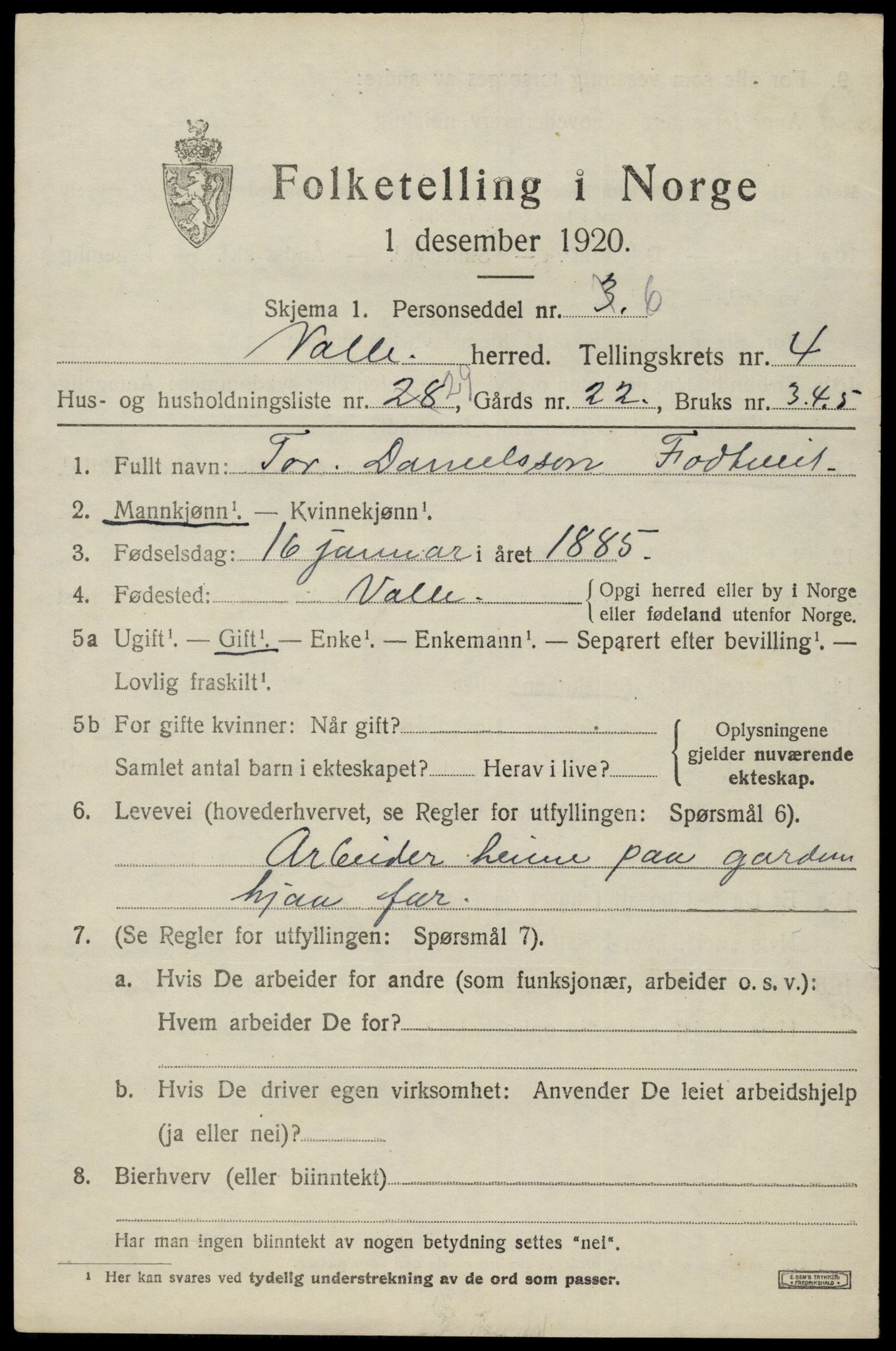 SAK, 1920 census for Valle, 1920, p. 2323