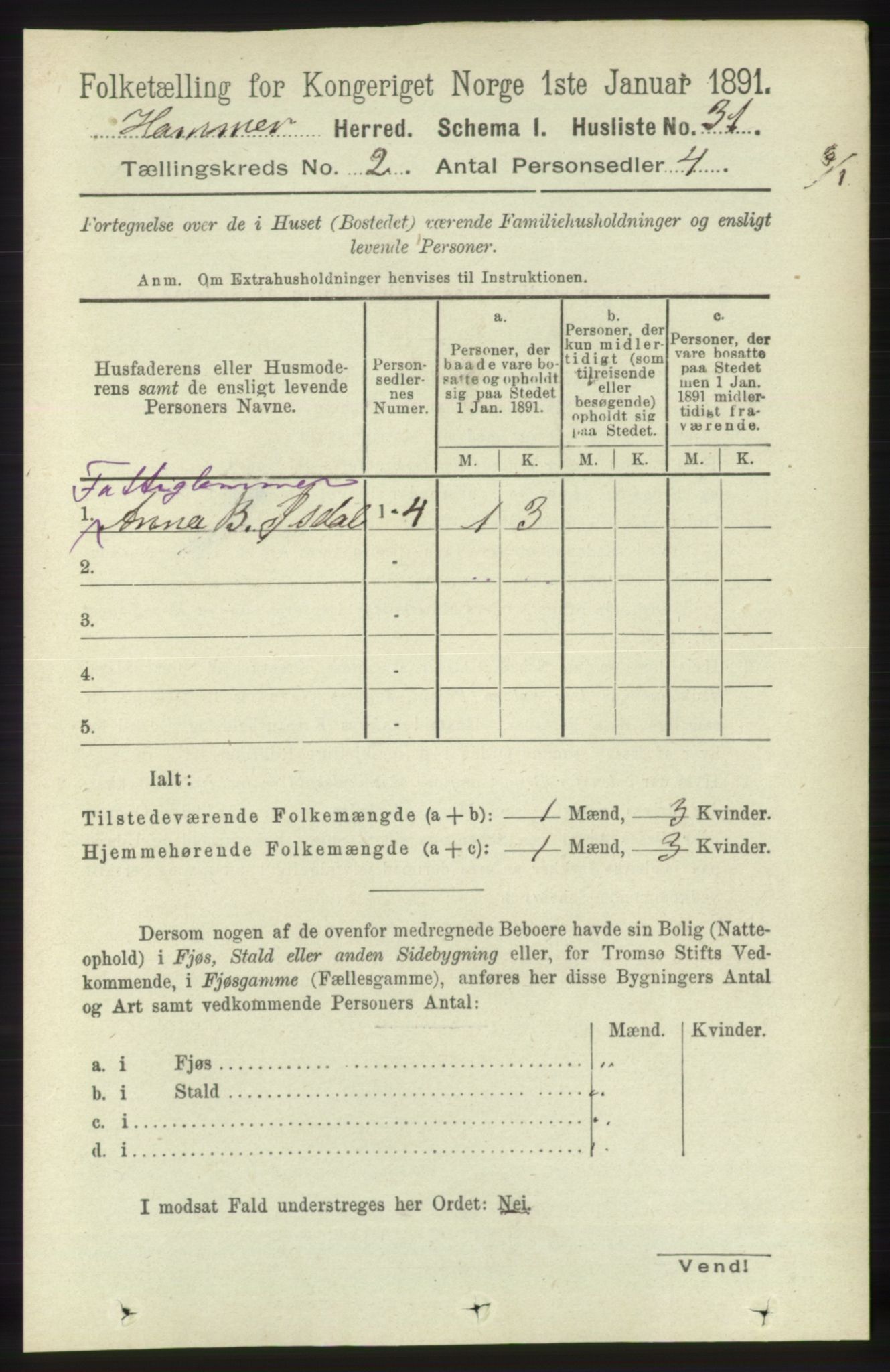 RA, 1891 census for 1254 Hamre, 1891, p. 217