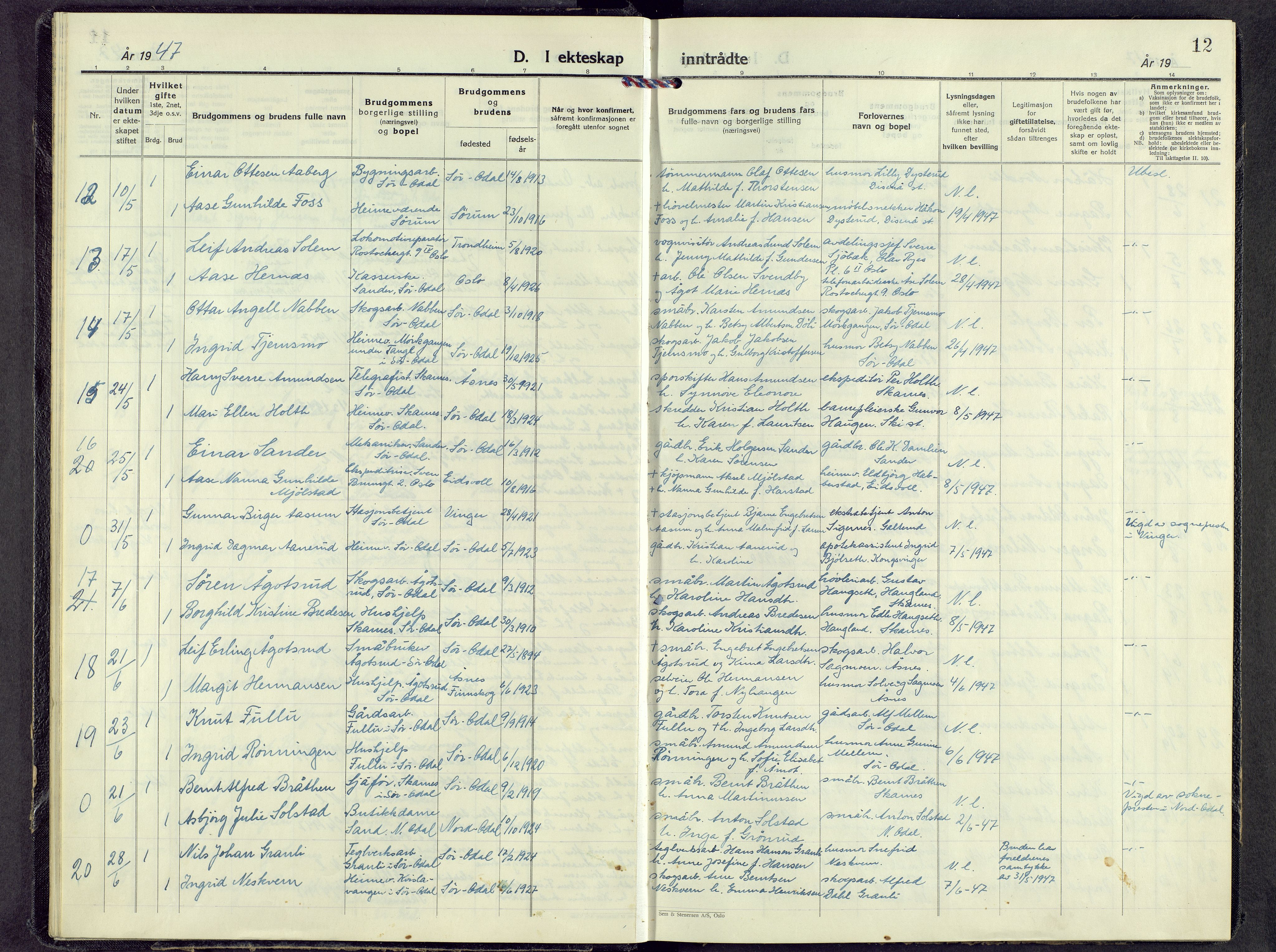 Sør-Odal prestekontor, AV/SAH-PREST-030/H/Ha/Haa/L0015: Parish register (official) no. 15, 1945-1972, p. 12