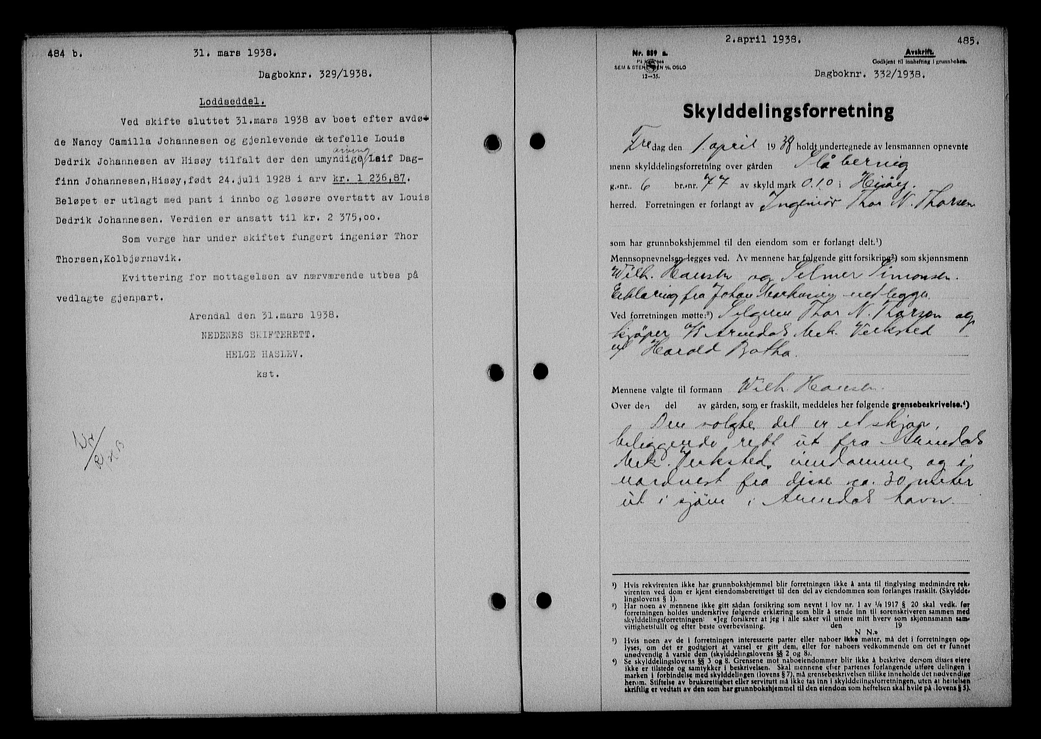 Nedenes sorenskriveri, SAK/1221-0006/G/Gb/Gba/L0044: Mortgage book no. 40, 1937-1938, Diary no: : 332/1938