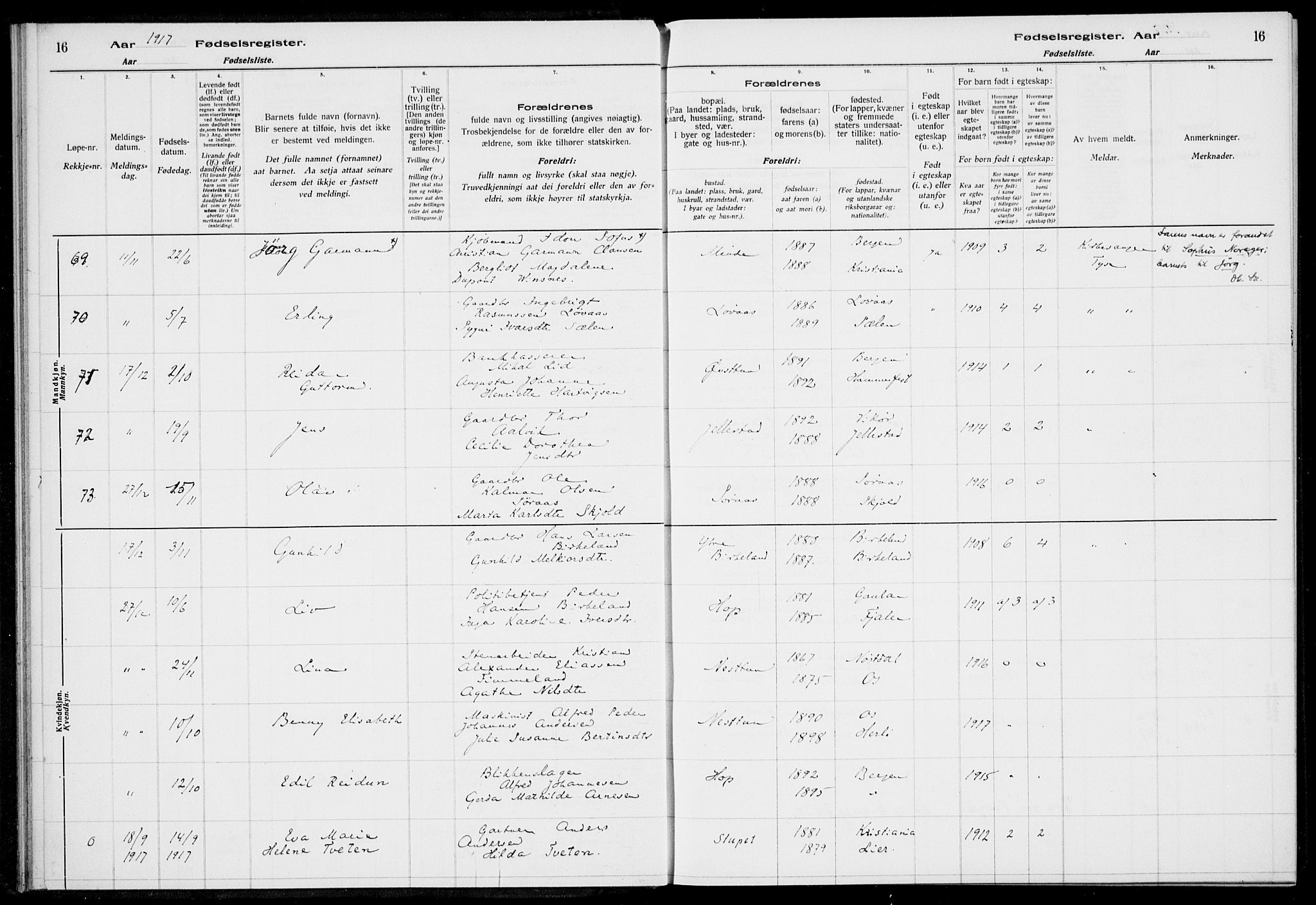 Birkeland Sokneprestembete, AV/SAB-A-74601/I/Id/L00A1: Birth register no. A 1, 1916-1926, p. 16