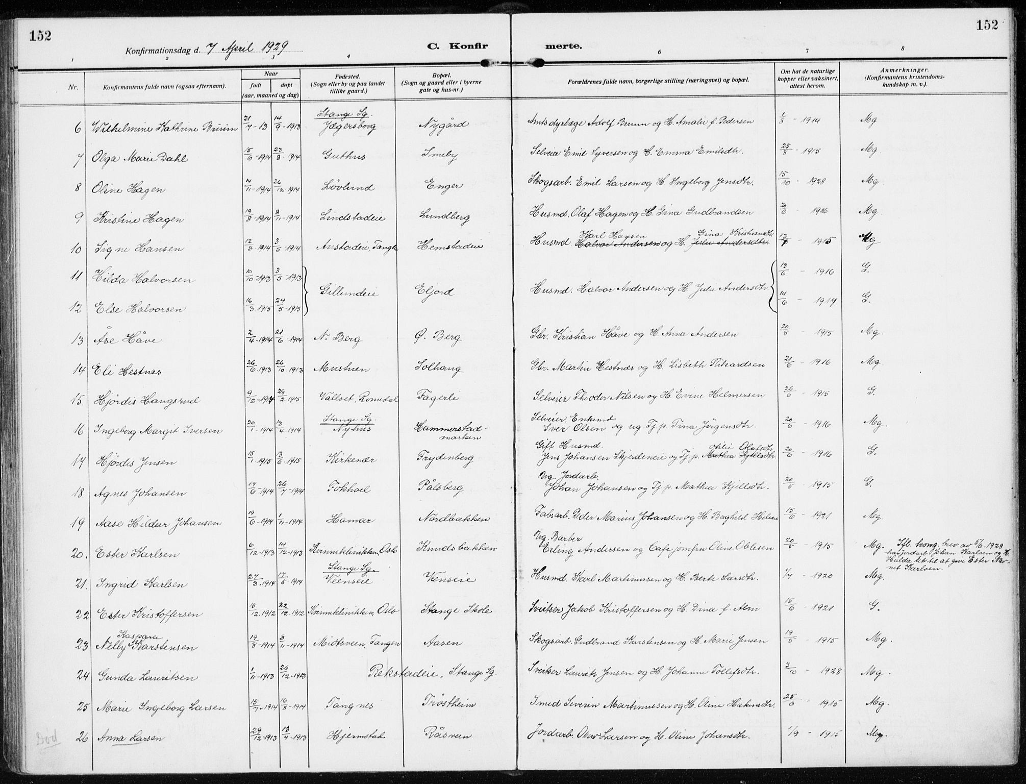 Stange prestekontor, AV/SAH-PREST-002/K/L0026: Parish register (official) no. 26, 1923-1937, p. 152