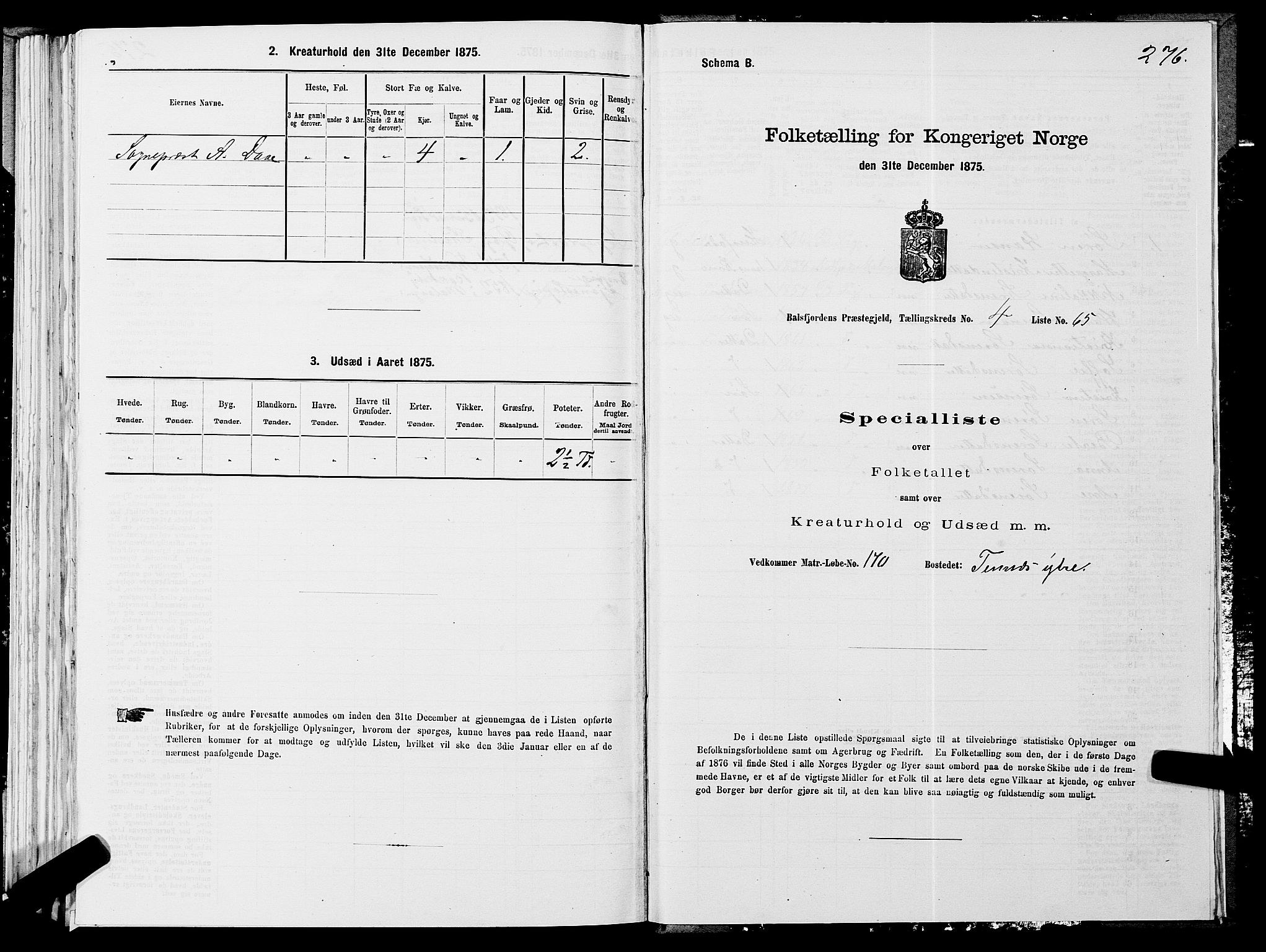 SATØ, 1875 census for 1933P Balsfjord, 1875, p. 1876