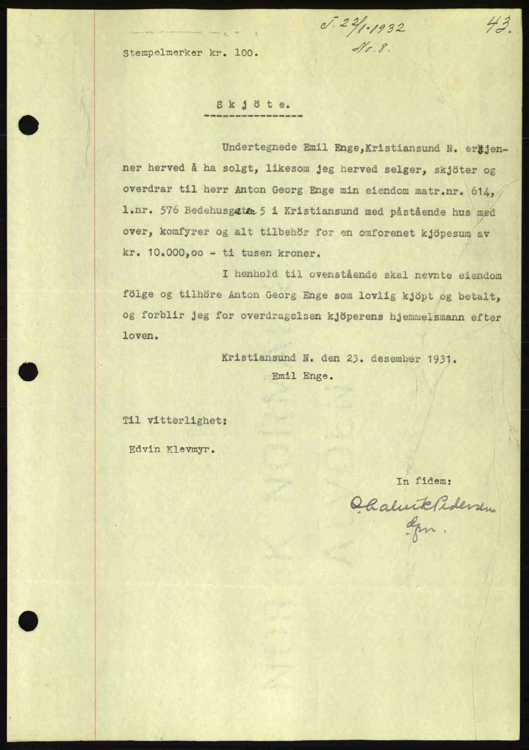 Kristiansund byfogd, AV/SAT-A-4587/A/27: Mortgage book no. 26, 1931-1933, Deed date: 22.01.1932