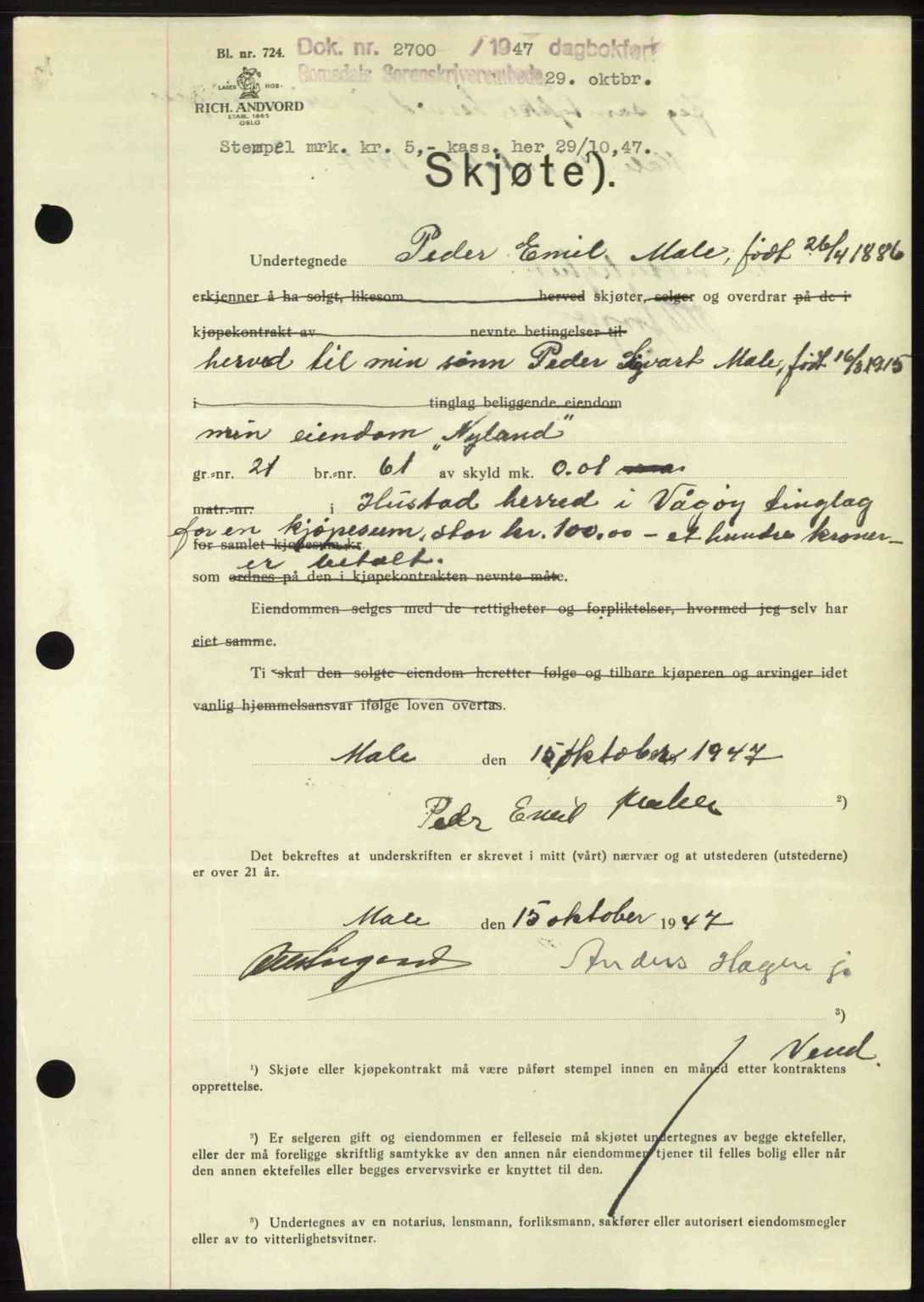 Romsdal sorenskriveri, SAT/A-4149/1/2/2C: Mortgage book no. A24, 1947-1947, Diary no: : 2700/1947