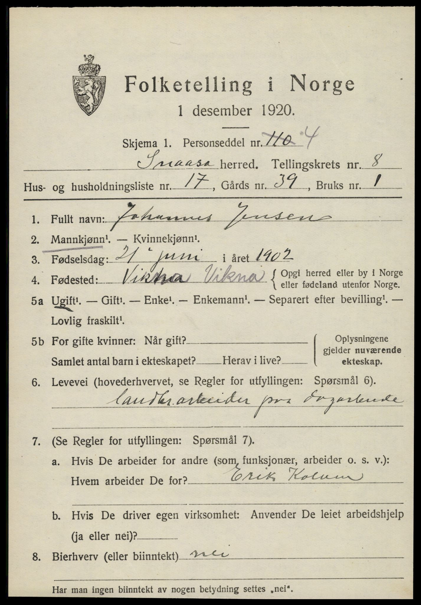 SAT, 1920 census for Snåsa, 1920, p. 3386