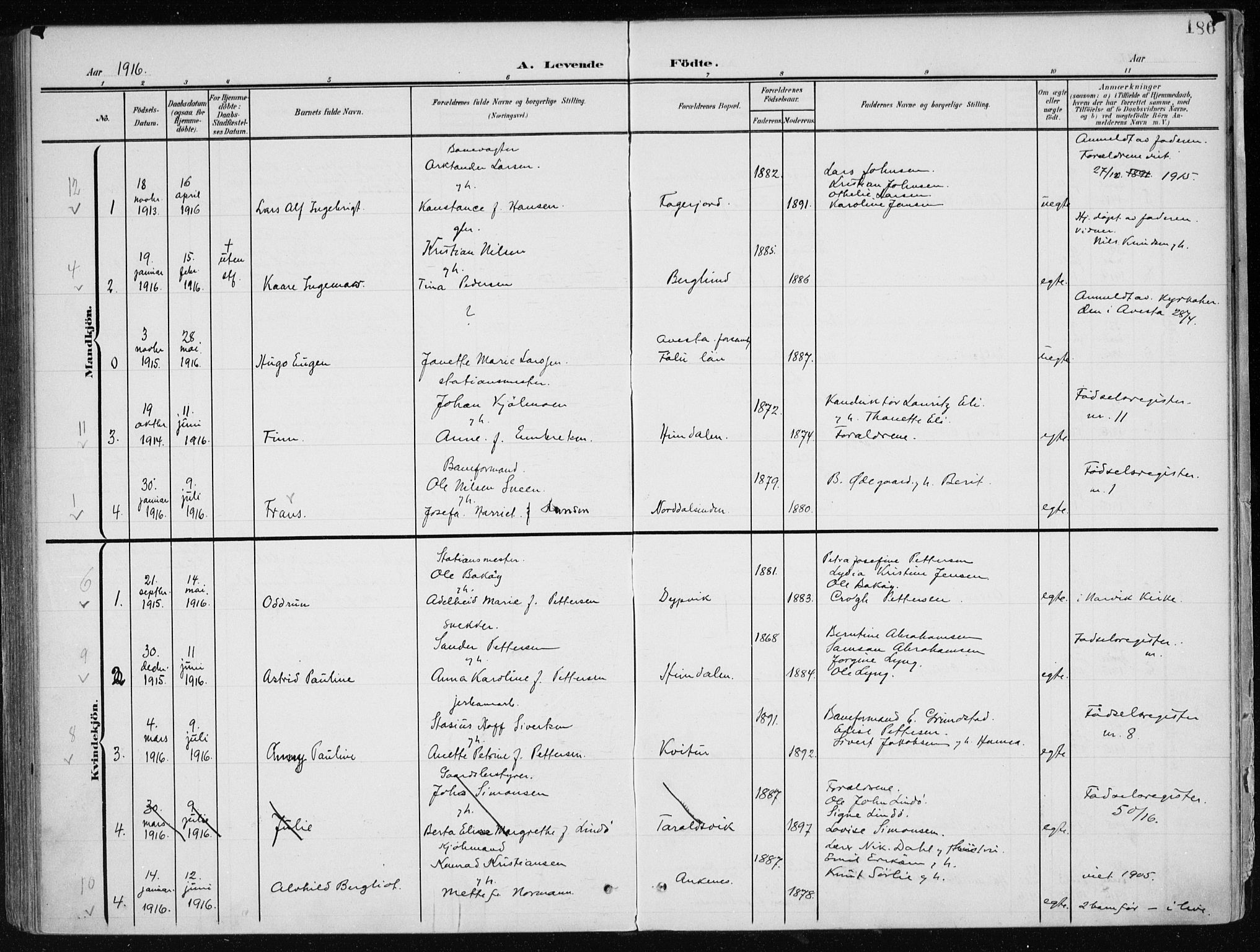 Ministerialprotokoller, klokkerbøker og fødselsregistre - Nordland, SAT/A-1459/866/L0941: Parish register (official) no. 866A04, 1901-1917, p. 186