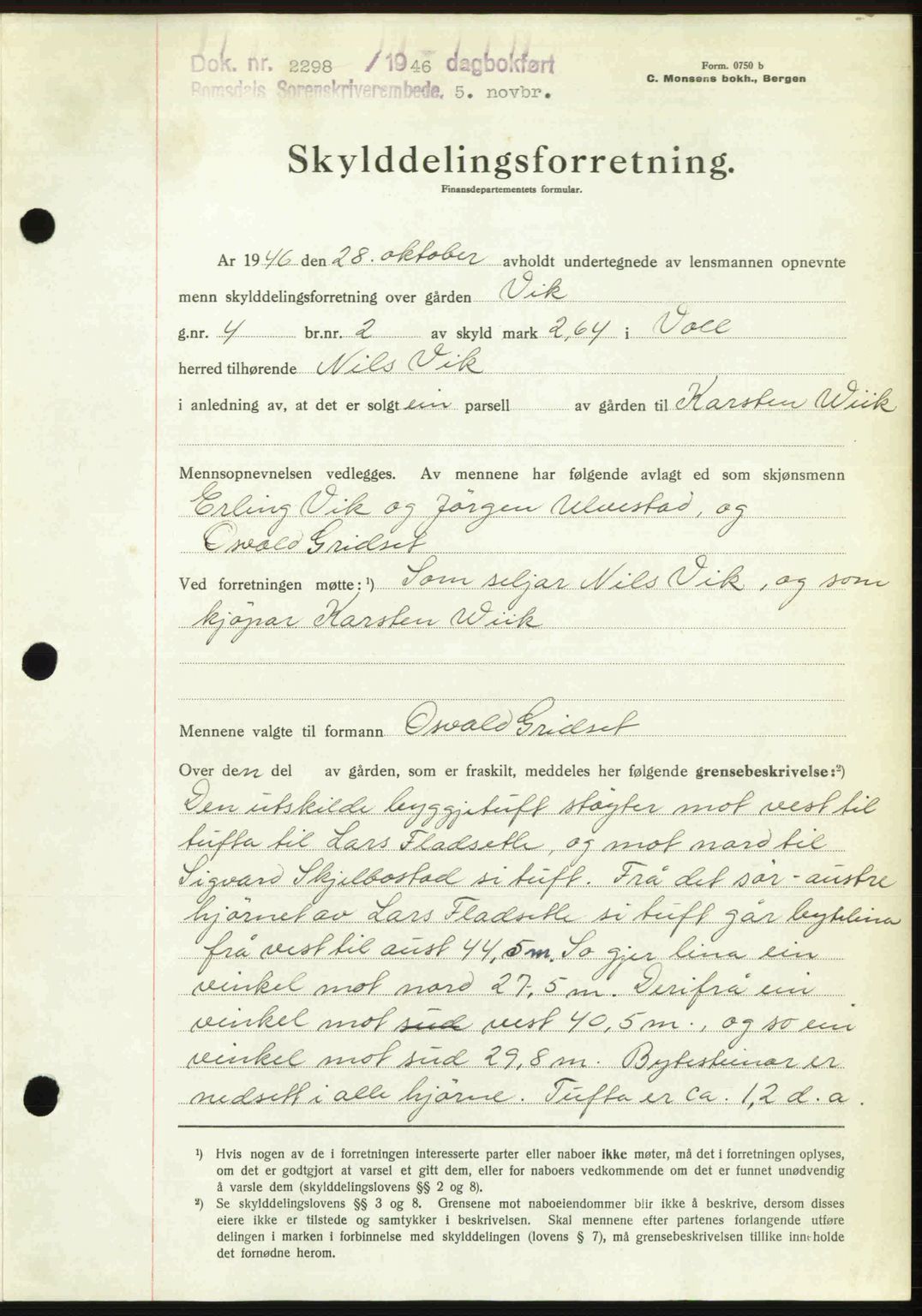 Romsdal sorenskriveri, AV/SAT-A-4149/1/2/2C: Mortgage book no. A21, 1946-1946, Diary no: : 2298/1946