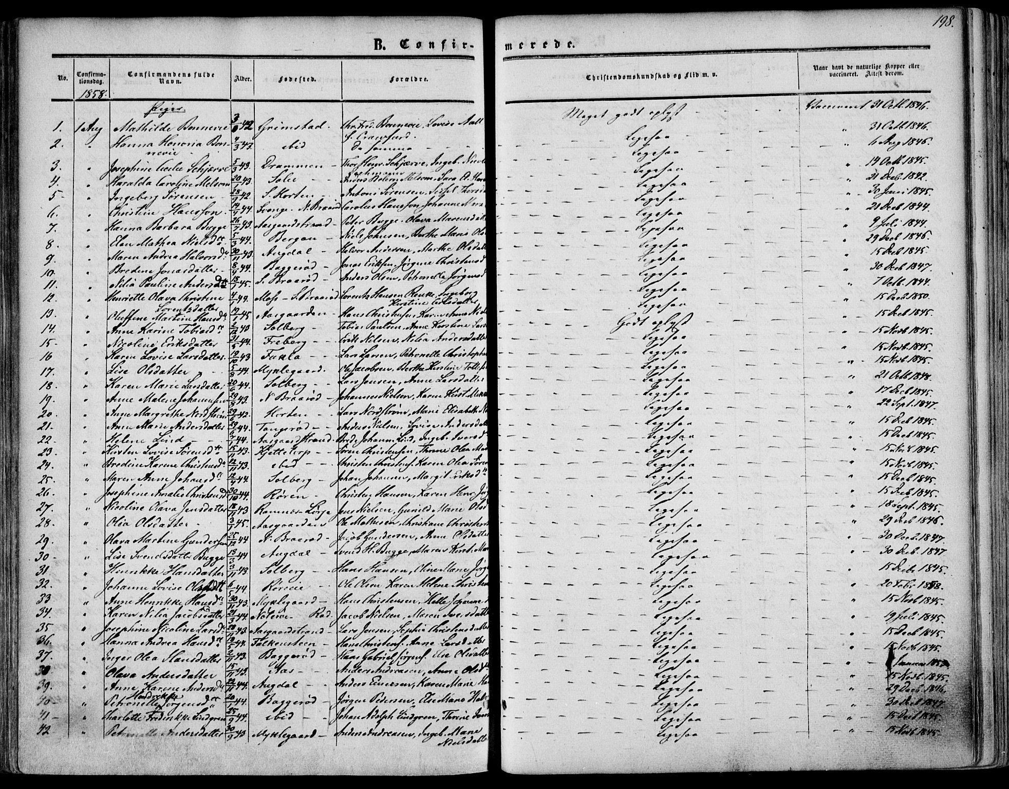 Borre kirkebøker, AV/SAKO-A-338/F/Fa/L0006: Parish register (official) no. I 6, 1852-1862, p. 198