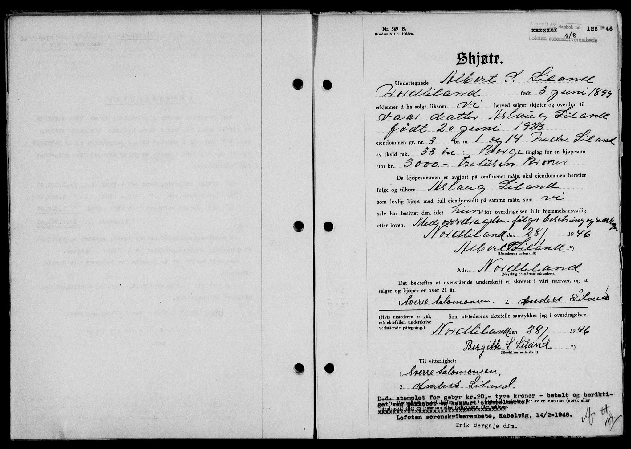 Lofoten sorenskriveri, SAT/A-0017/1/2/2C/L0013a: Mortgage book no. 13a, 1944-1946, Diary no: : 126/1946