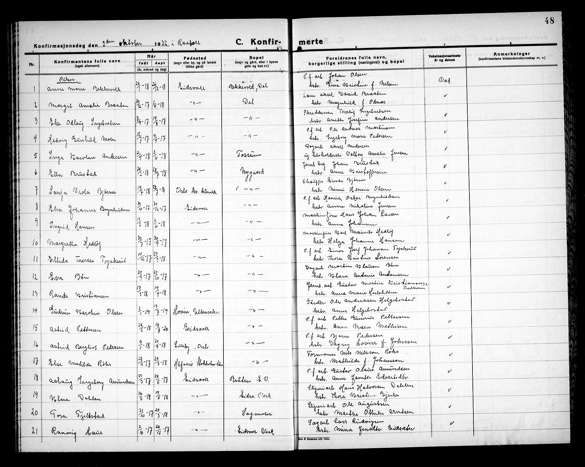 Eidsvoll prestekontor Kirkebøker, AV/SAO-A-10888/G/Ga/L0011: Parish register (copy) no. I 11, 1926-1936, p. 48