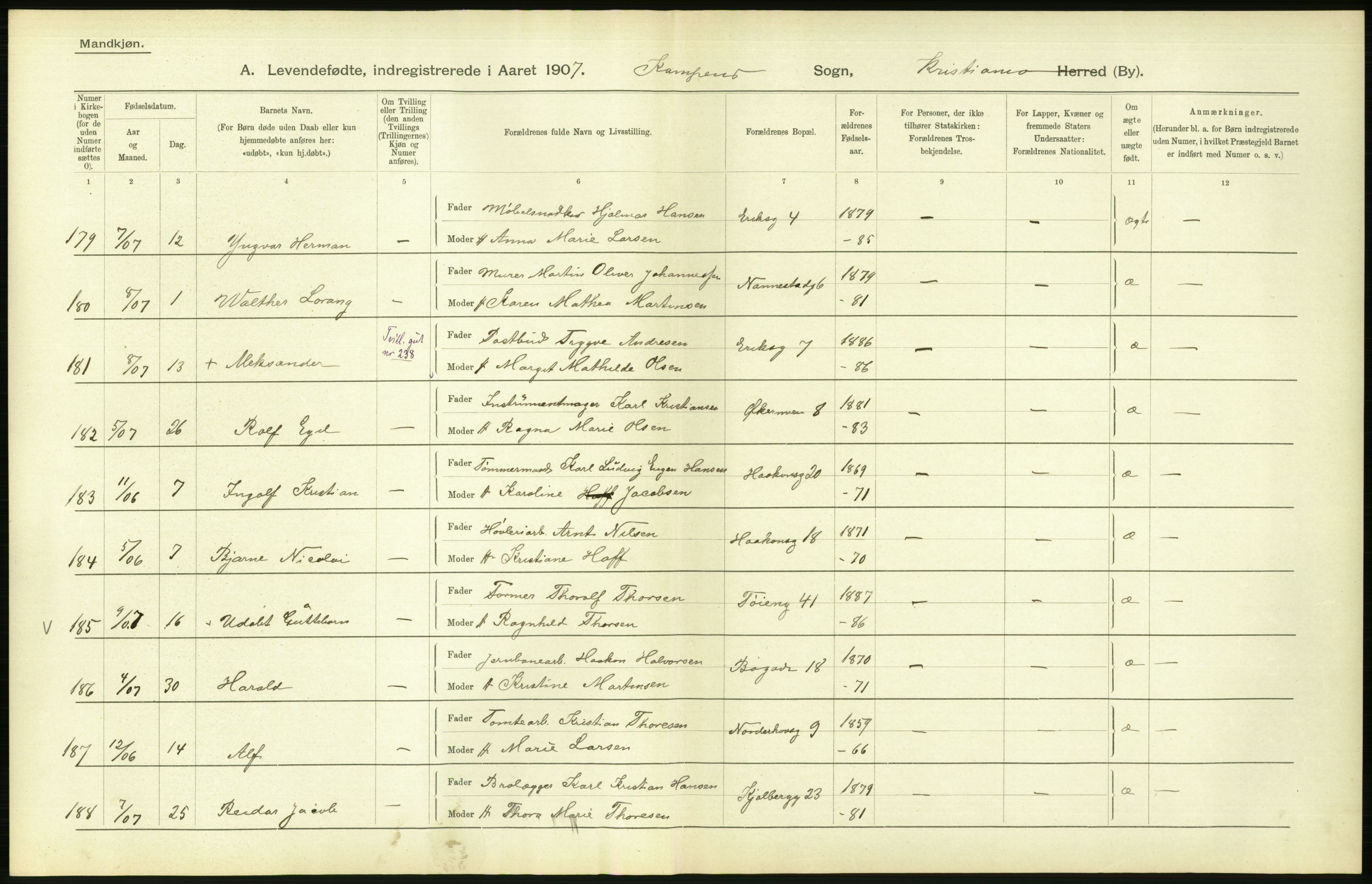 Statistisk sentralbyrå, Sosiodemografiske emner, Befolkning, AV/RA-S-2228/D/Df/Dfa/Dfae/L0007: Kristiania: Levendefødte menn og kvinner., 1907, p. 442