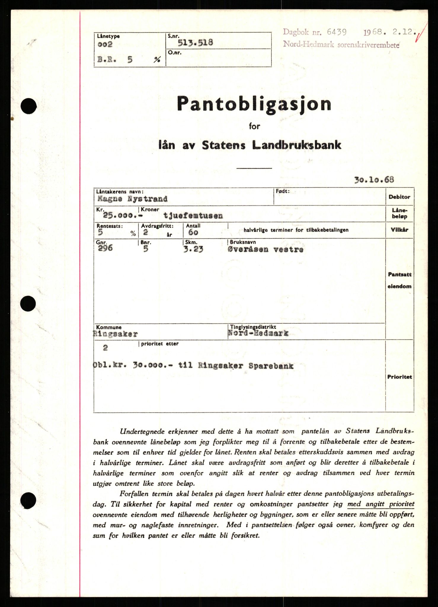Nord-Hedmark sorenskriveri, SAH/TING-012/H/Hb/Hbf/L0077: Mortgage book no. B77, 1968-1969, Diary no: : 6439/1968