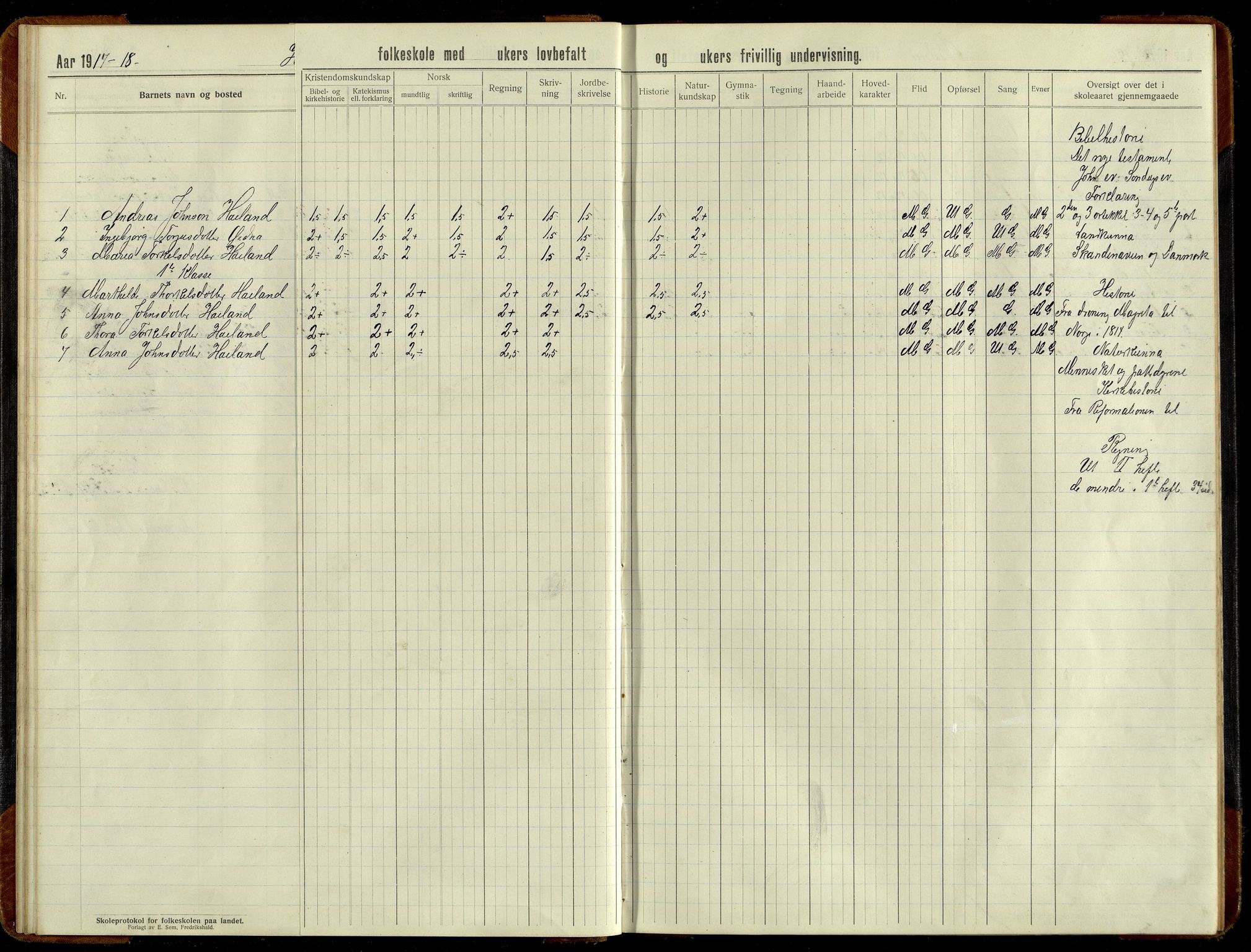 Grindheim kommune - Høyland Skolekrets, ARKSOR/1027GR551/H/L0002: Skoleprotokoll (d), 1913-1956