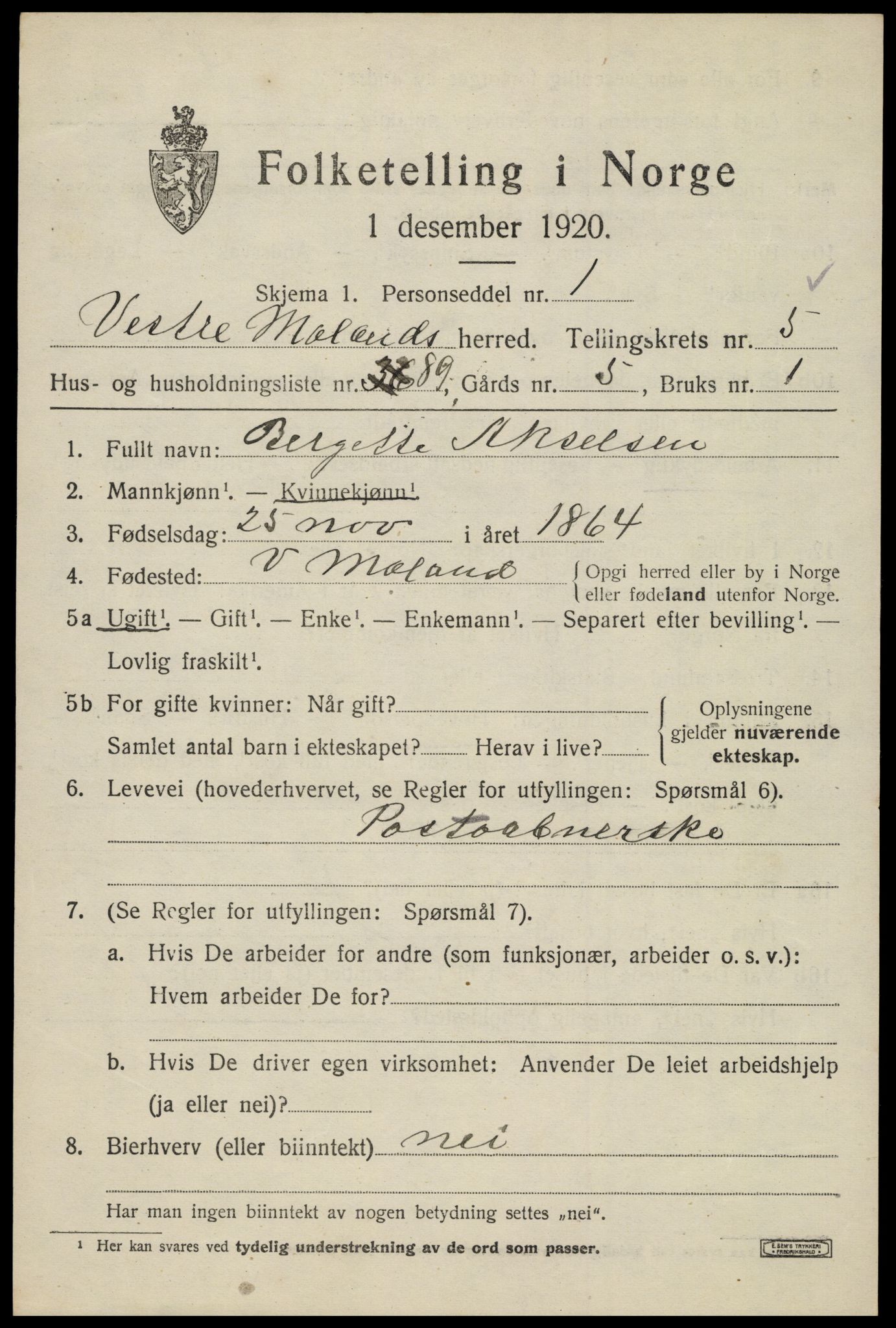 SAK, 1920 census for Vestre Moland, 1920, p. 4603
