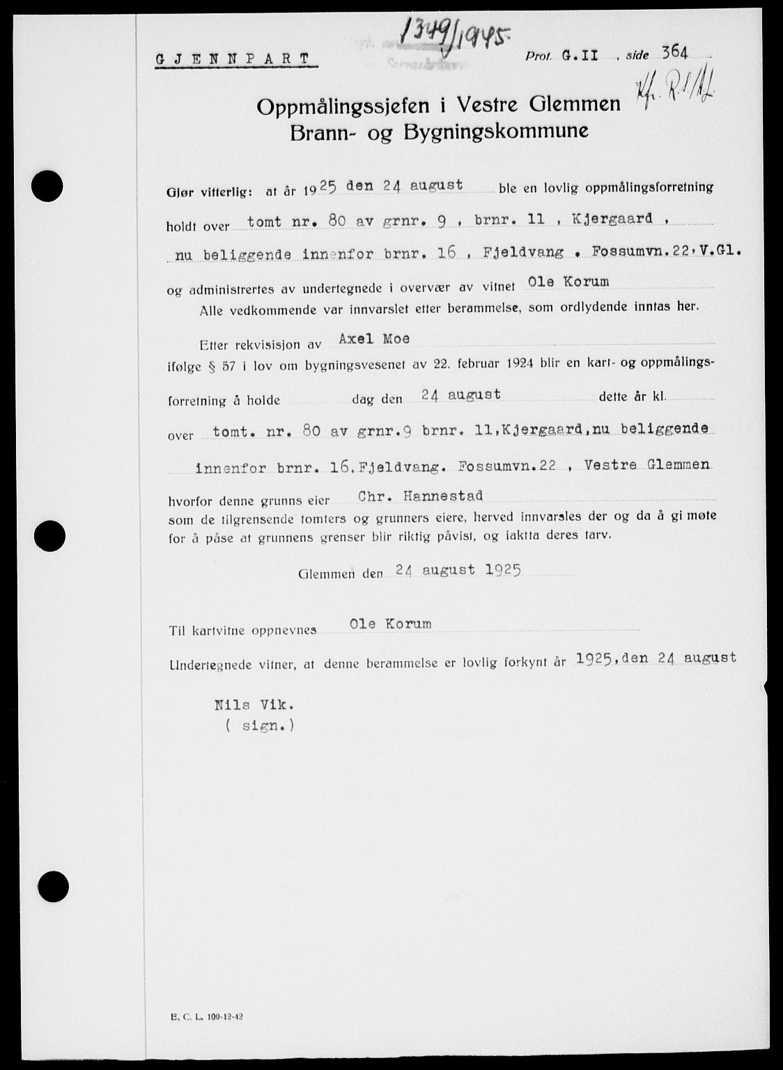 Onsøy sorenskriveri, SAO/A-10474/G/Ga/Gab/L0015: Mortgage book no. II A-15, 1945-1946, Diary no: : 1349/1945