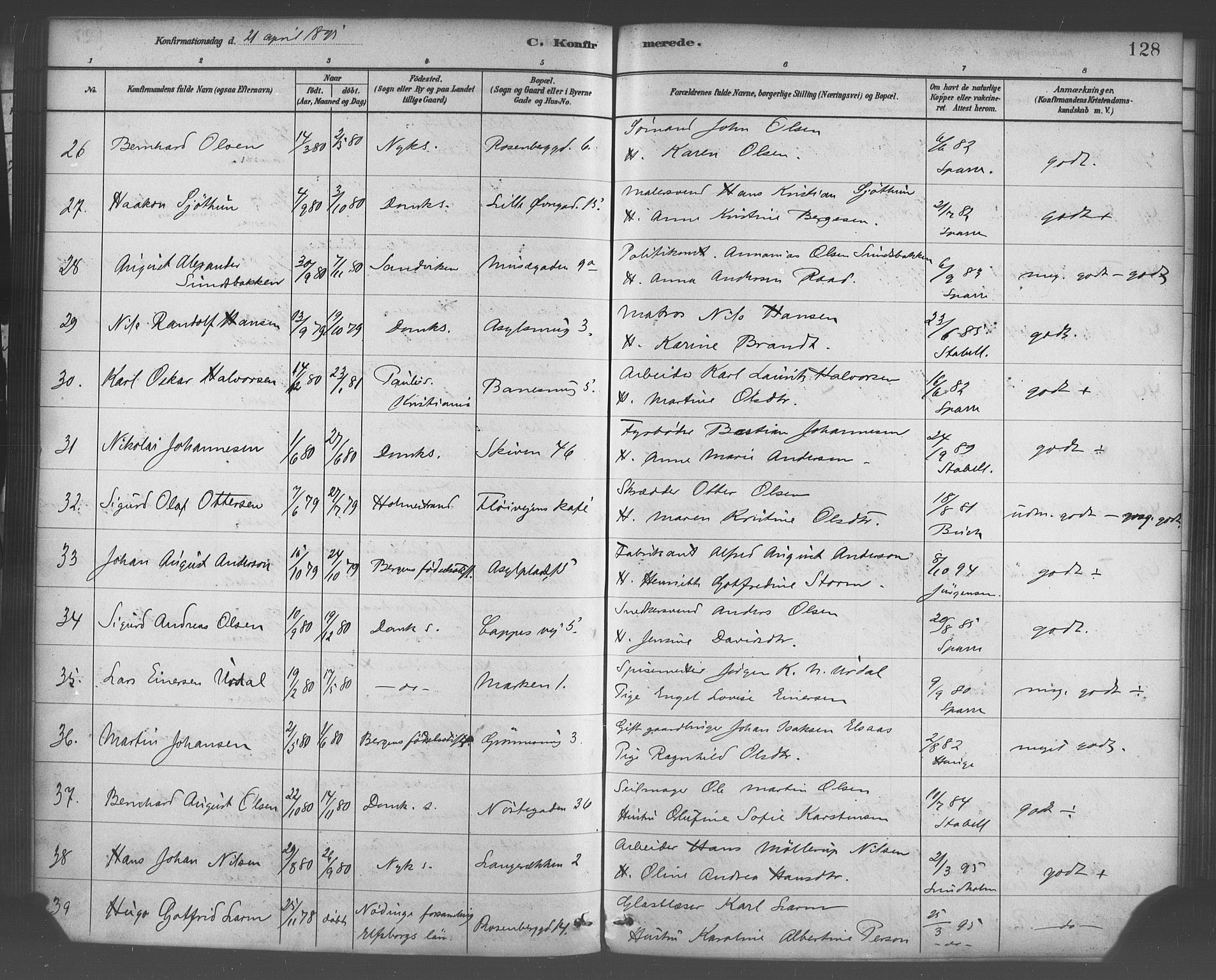 Domkirken sokneprestembete, SAB/A-74801/H/Haa/L0030: Parish register (official) no. C 5, 1880-1898, p. 128