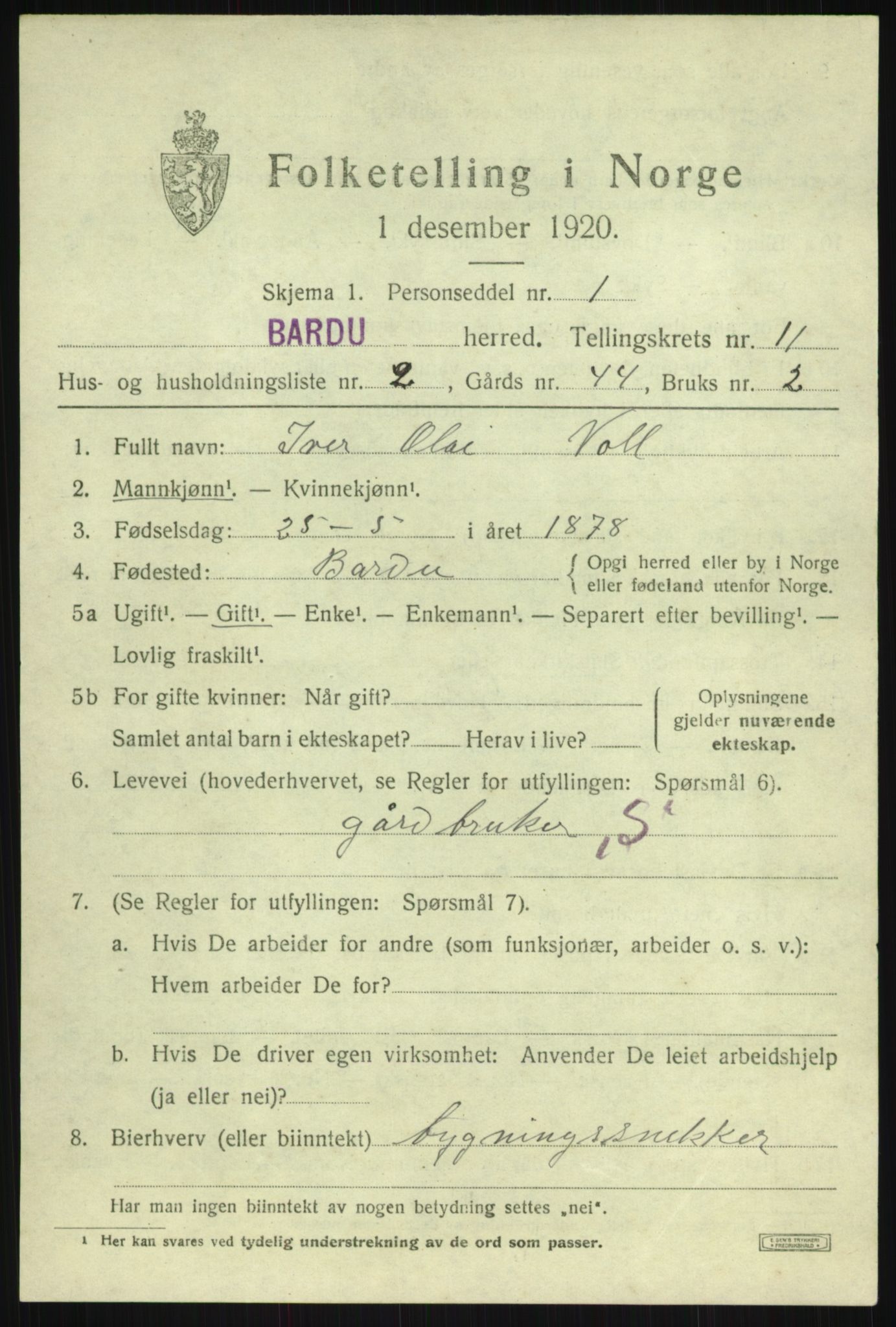 SATØ, 1920 census for Bardu, 1920, p. 3495