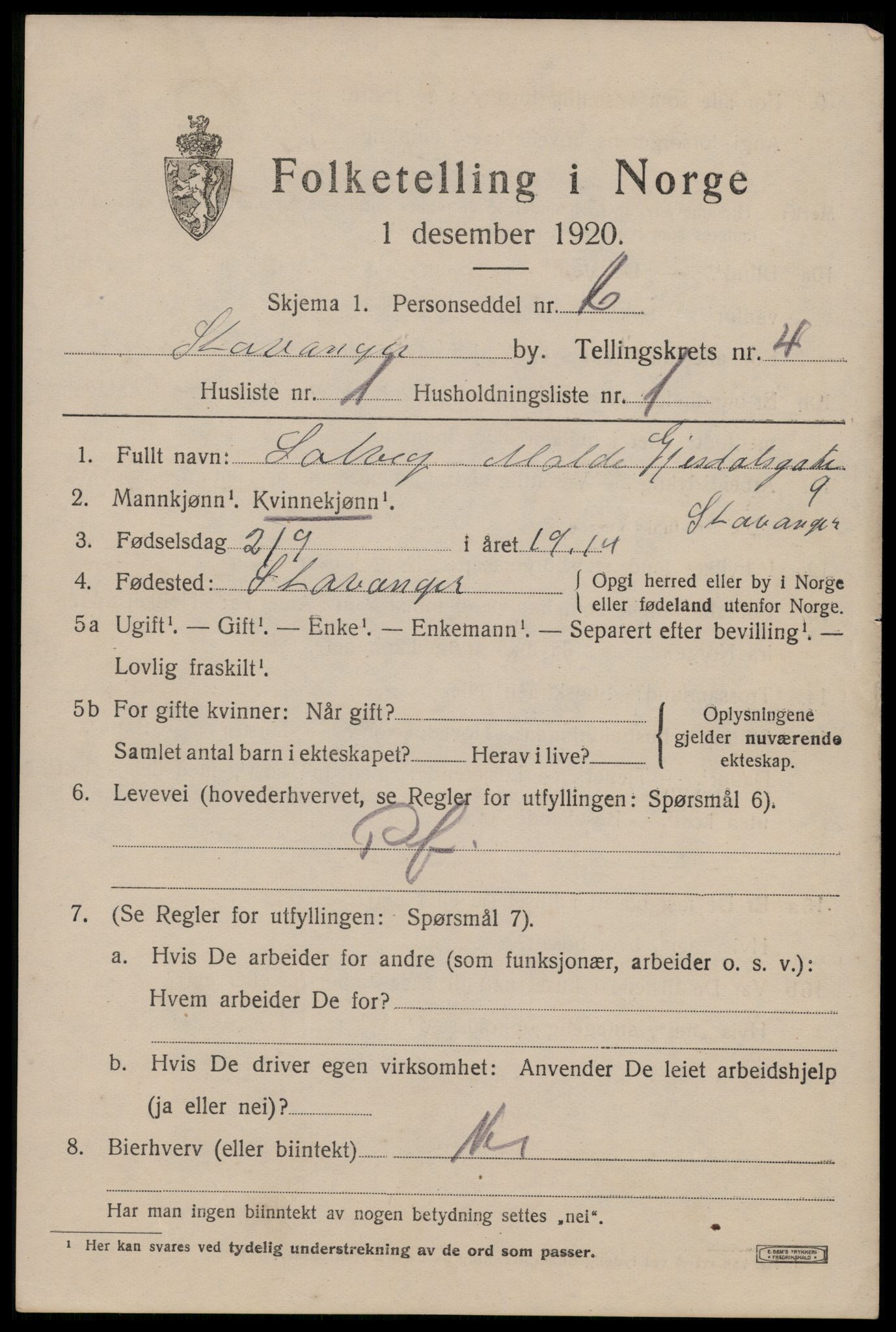 SAST, 1920 census for Stavanger, 1920, p. 37074