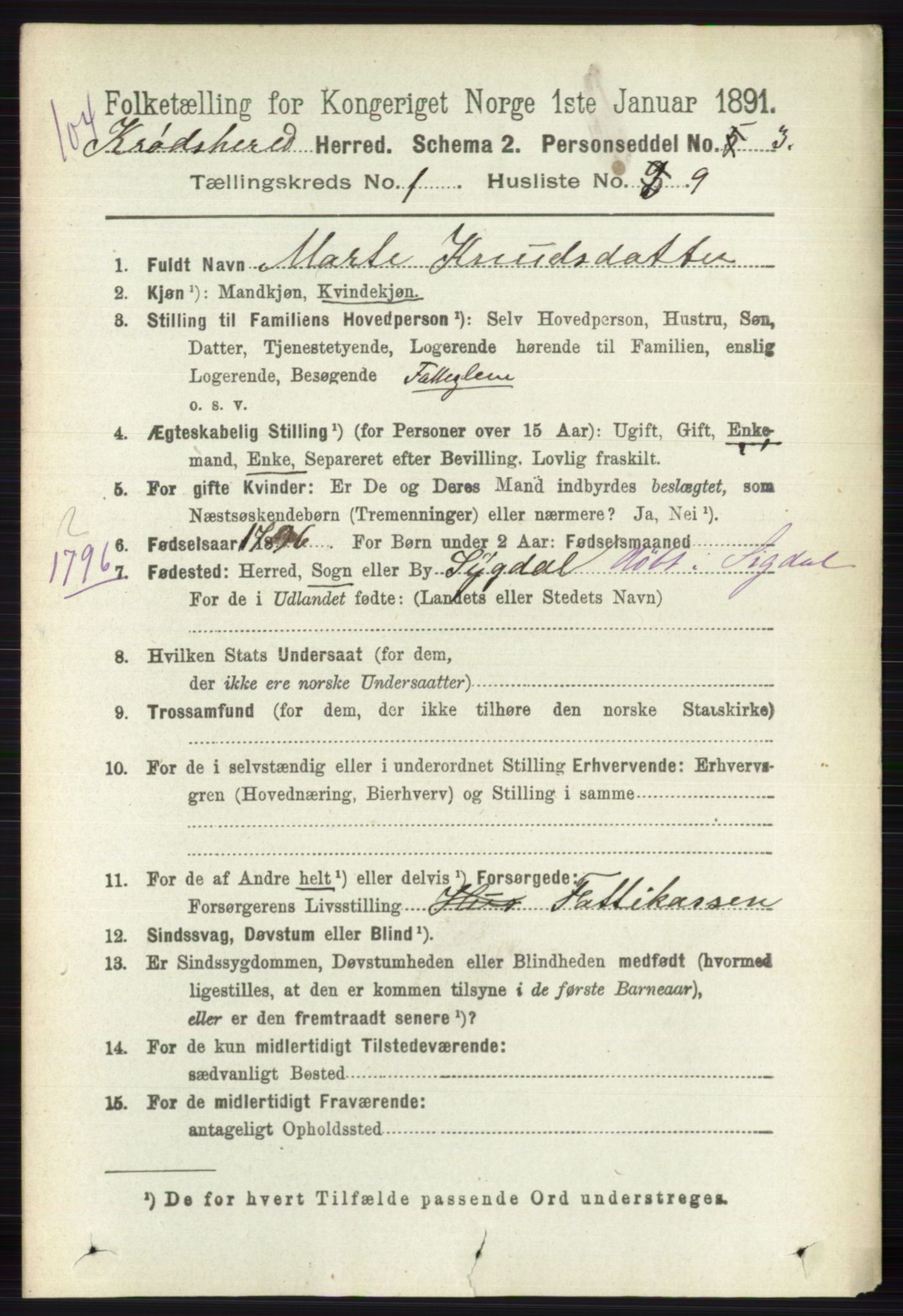 RA, 1891 census for 0621 Sigdal, 1891, p. 5044