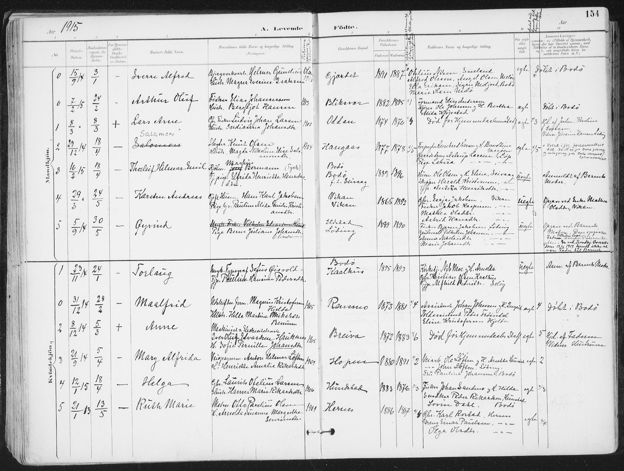 Ministerialprotokoller, klokkerbøker og fødselsregistre - Nordland, AV/SAT-A-1459/802/L0055: Parish register (official) no. 802A02, 1894-1915, p. 154