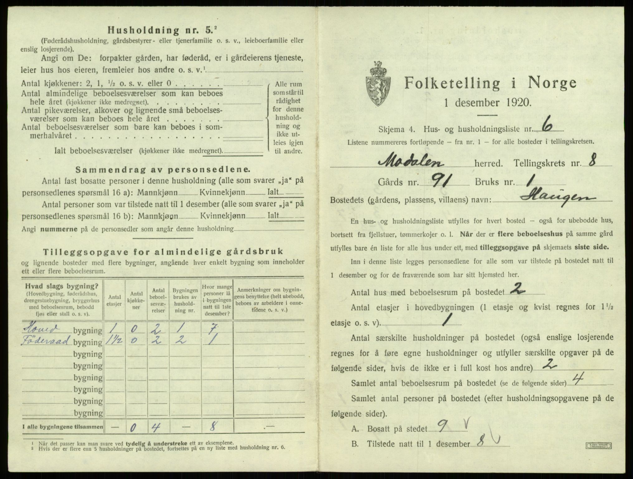 SAB, 1920 census for Modalen, 1920, p. 224