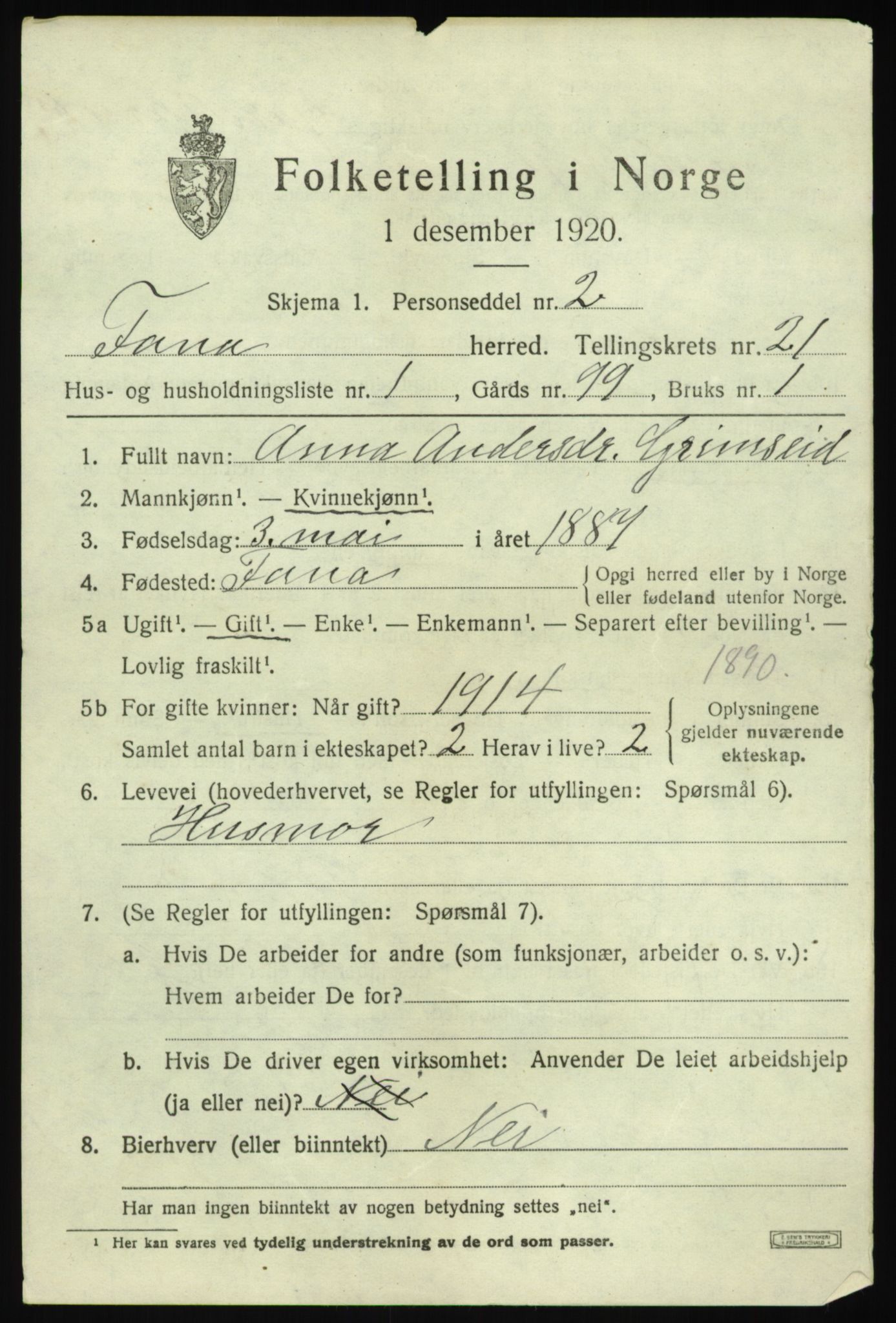 SAB, 1920 census for Fana, 1920, p. 24717