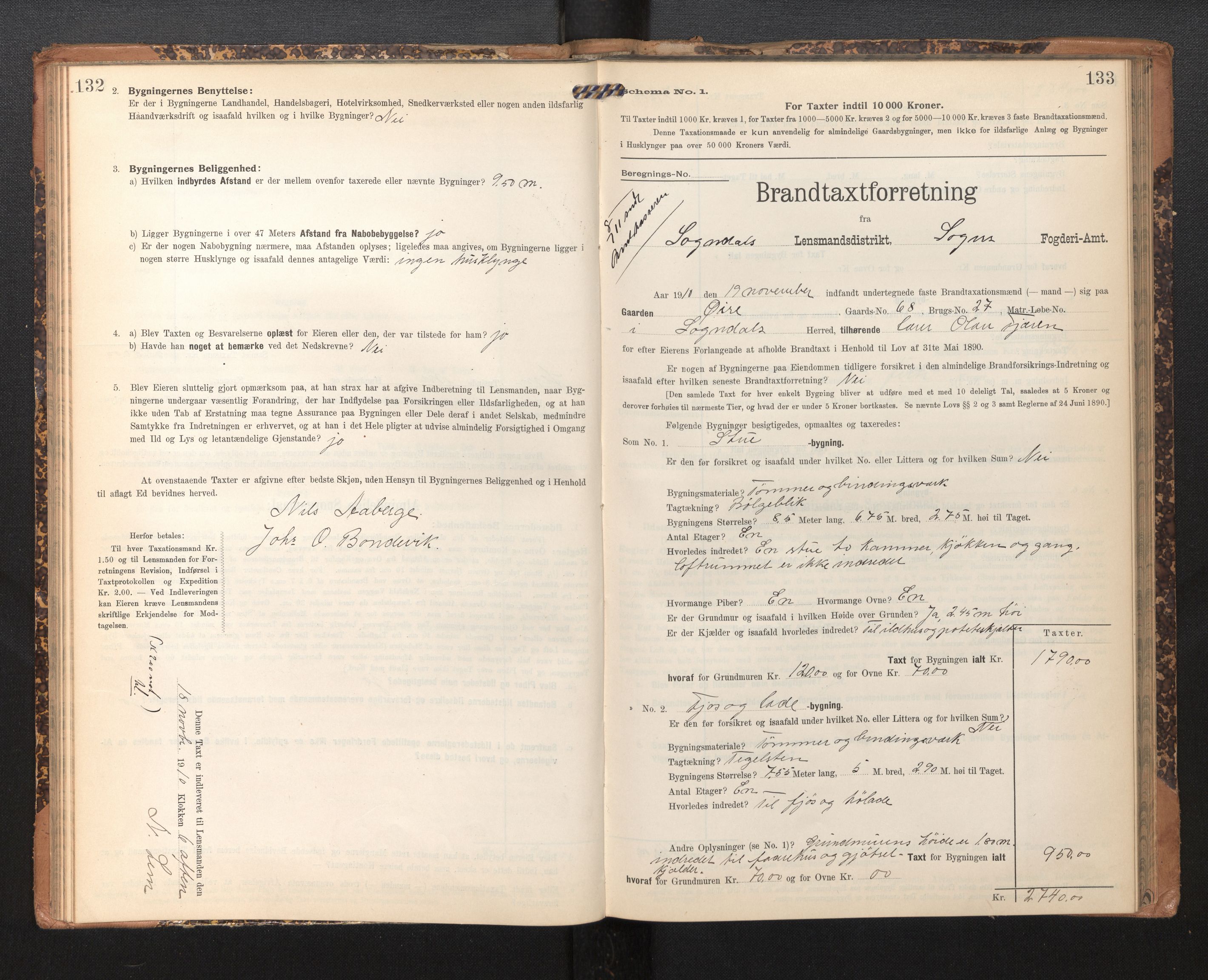 Lensmannen i Sogndal, SAB/A-29901/0012/L0010: Branntakstprotokoll, skjematakst, 1907-1914, p. 132-133