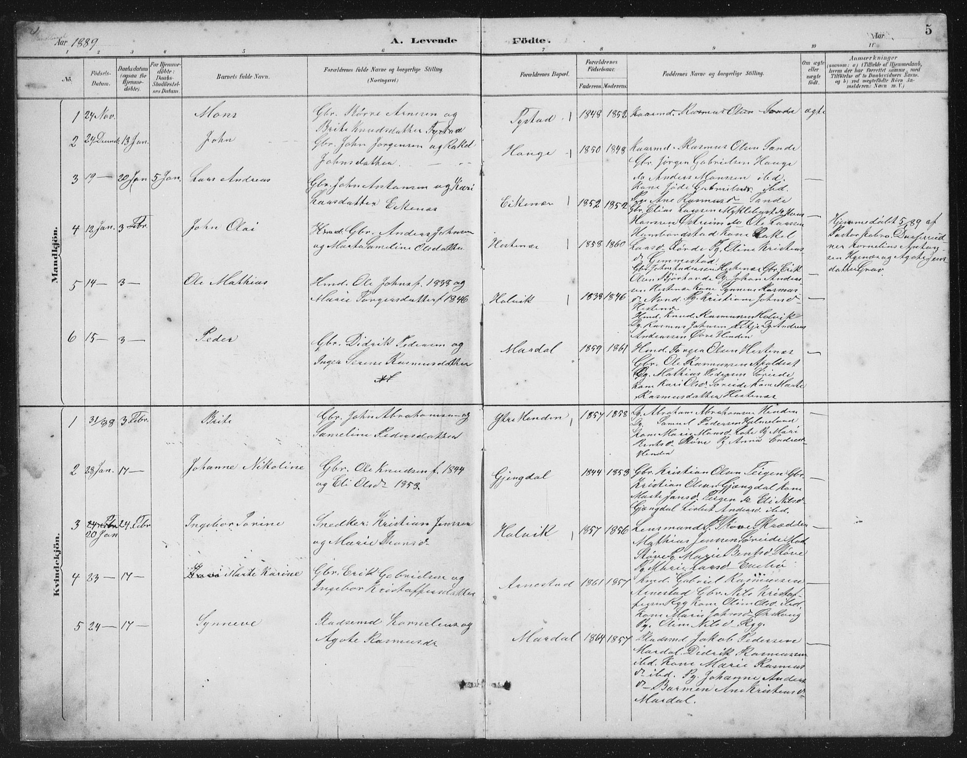 Gloppen sokneprestembete, AV/SAB-A-80101/H/Hab/Habb/L0002: Parish register (copy) no. B 2, 1889-1909, p. 5