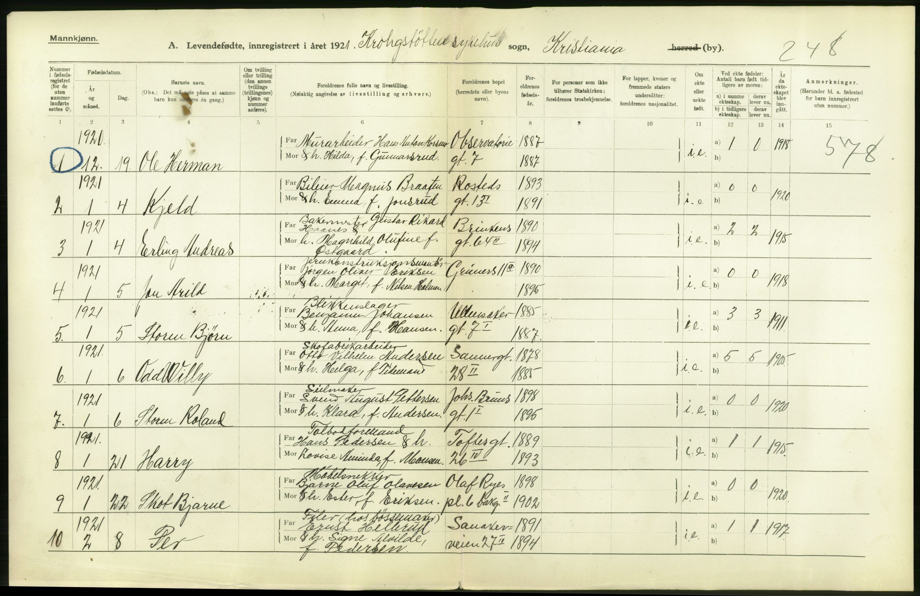 Statistisk sentralbyrå, Sosiodemografiske emner, Befolkning, AV/RA-S-2228/D/Df/Dfc/Dfca/L0009: Kristiania: Levendefødte menn og kvinner., 1921, p. 2