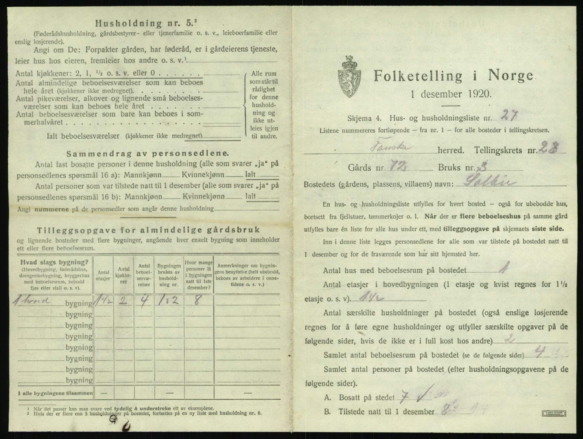 SAT, 1920 census for Fauske, 1920, p. 1988