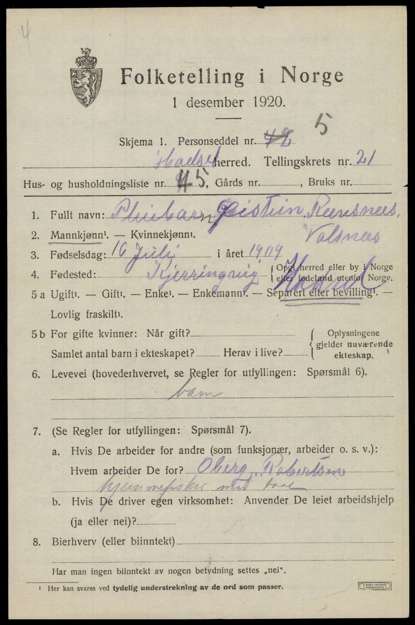 SAT, 1920 census for Hadsel, 1920, p. 19914