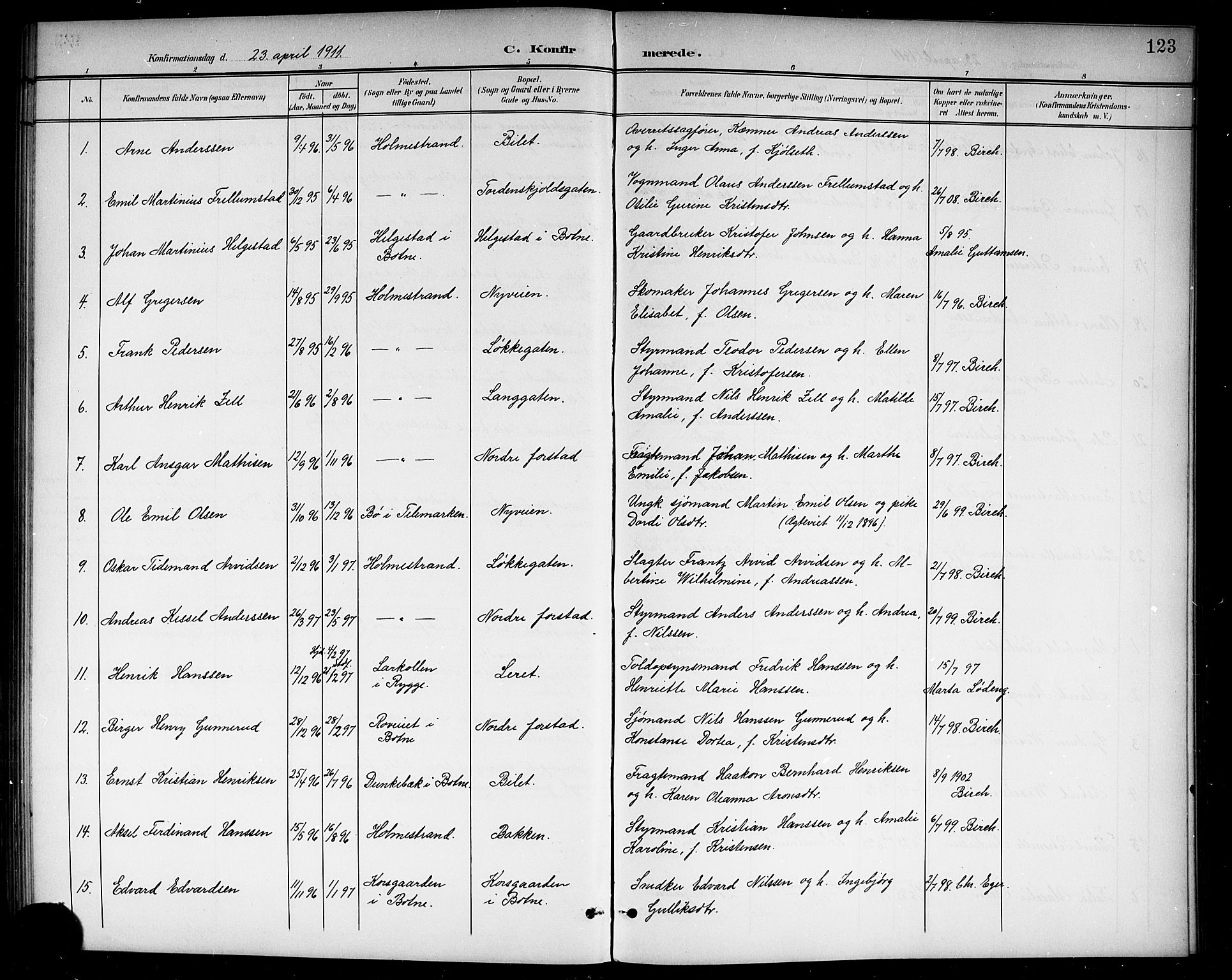 Holmestrand kirkebøker, AV/SAKO-A-346/G/Ga/L0006: Parish register (copy) no. 6, 1901-1923, p. 123