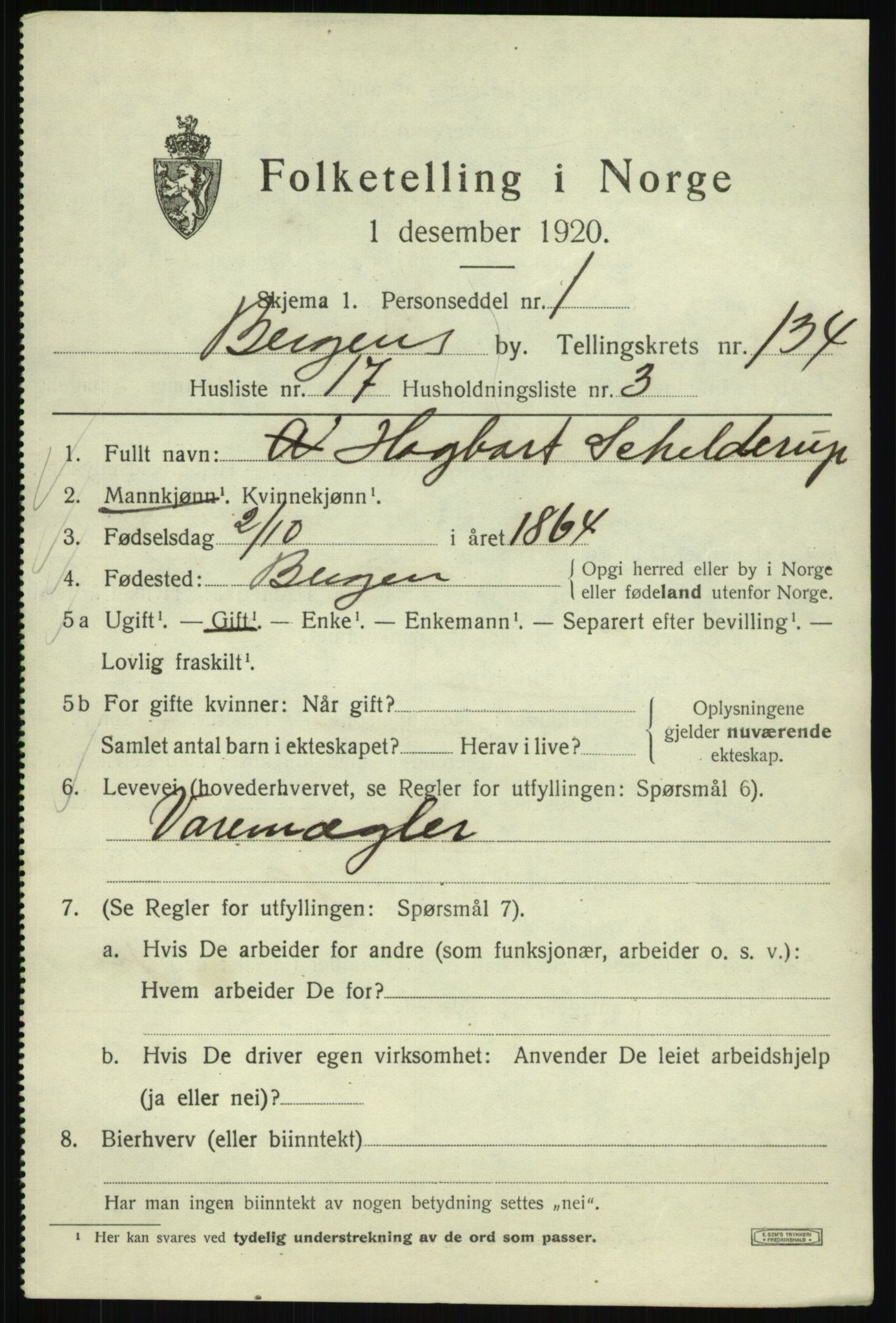 SAB, 1920 census for Bergen, 1920, p. 225597