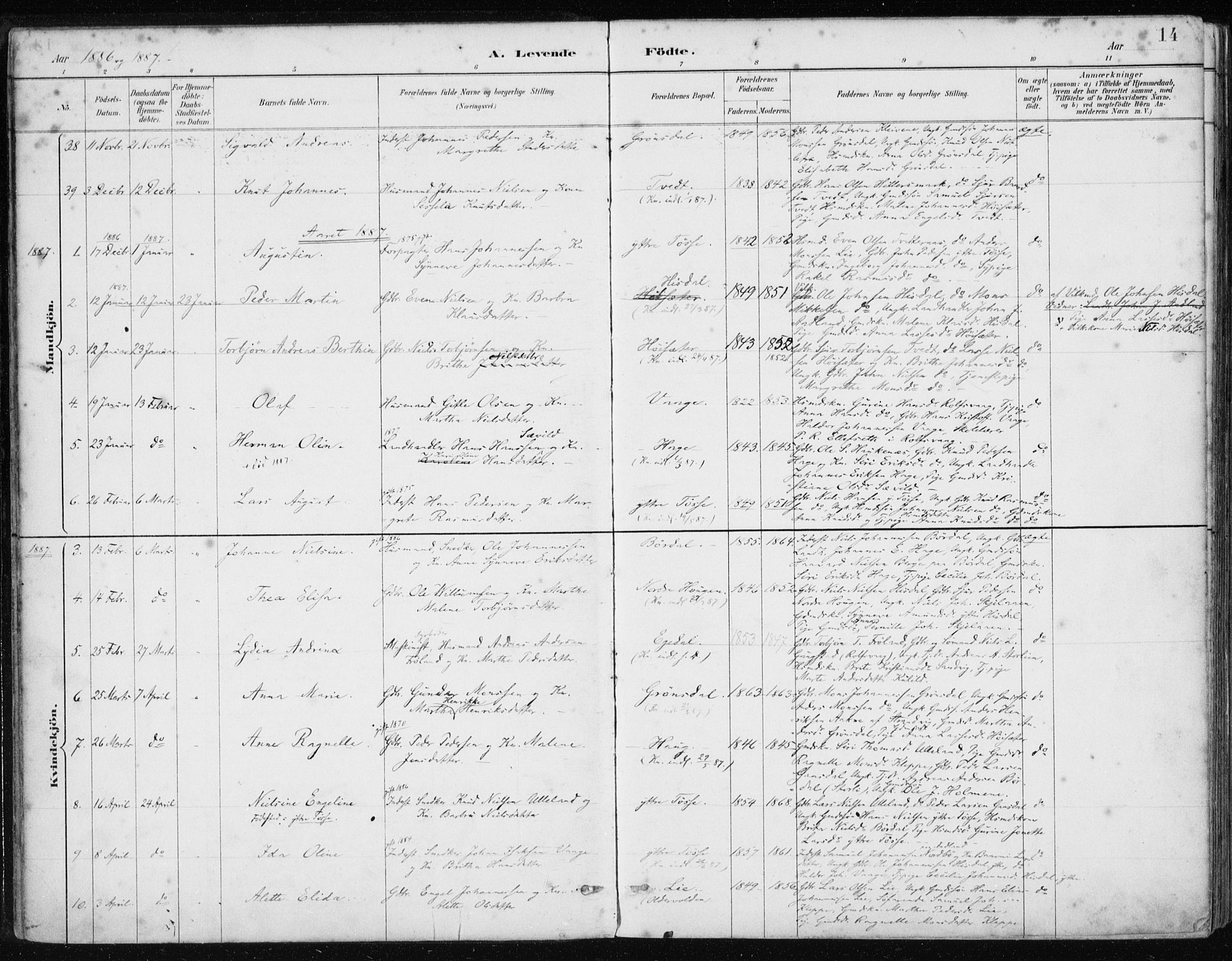 Samnanger Sokneprestembete, SAB/A-77501/H/Haa: Parish register (official) no. A 1, 1885-1901, p. 14