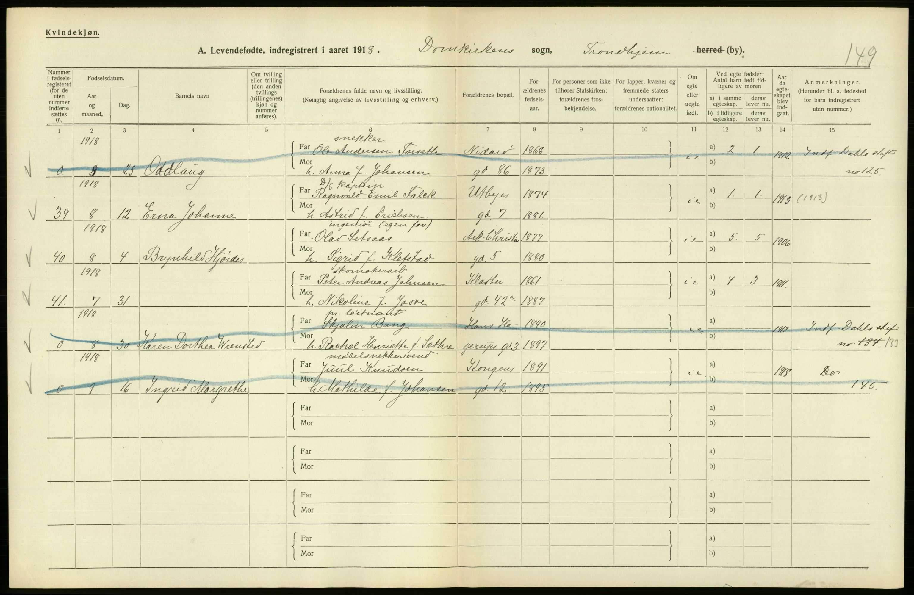 Statistisk sentralbyrå, Sosiodemografiske emner, Befolkning, AV/RA-S-2228/D/Df/Dfb/Dfbh/L0048: Trondheim: Levendefødte menn og kvinner, gifte., 1918, p. 552