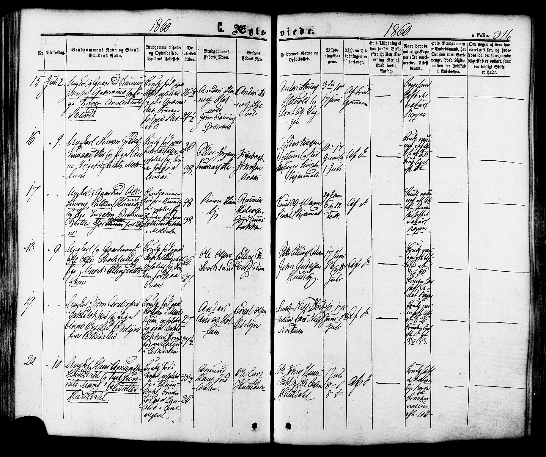 Ministerialprotokoller, klokkerbøker og fødselsregistre - Sør-Trøndelag, SAT/A-1456/665/L0772: Parish register (official) no. 665A07, 1856-1878, p. 316