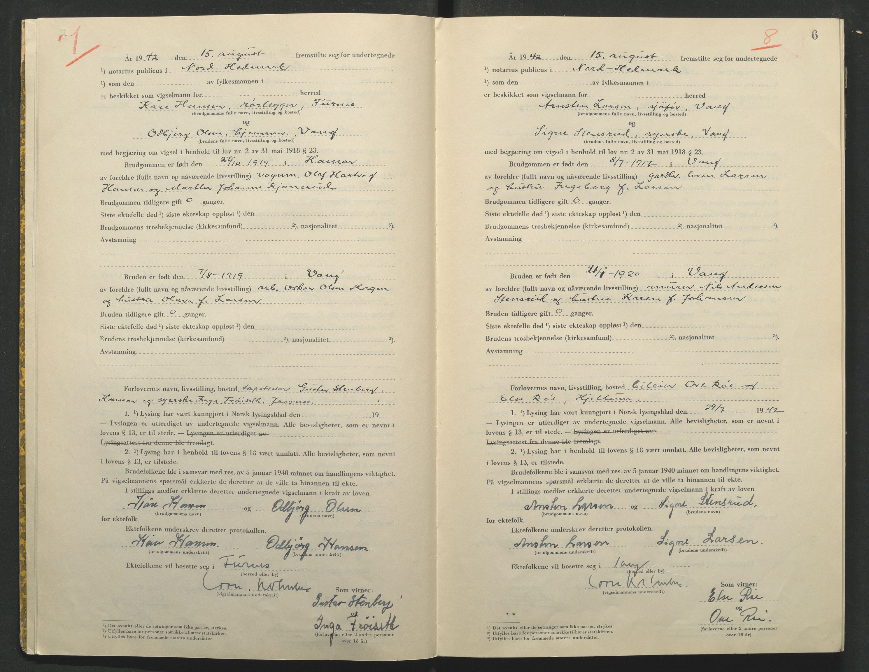 Nord-Hedmark sorenskriveri, AV/SAH-TING-012/L/Lc/L0001/0002: Vigselsprotokoller / Vigselsprotokoll, 1942-1943, p. 6