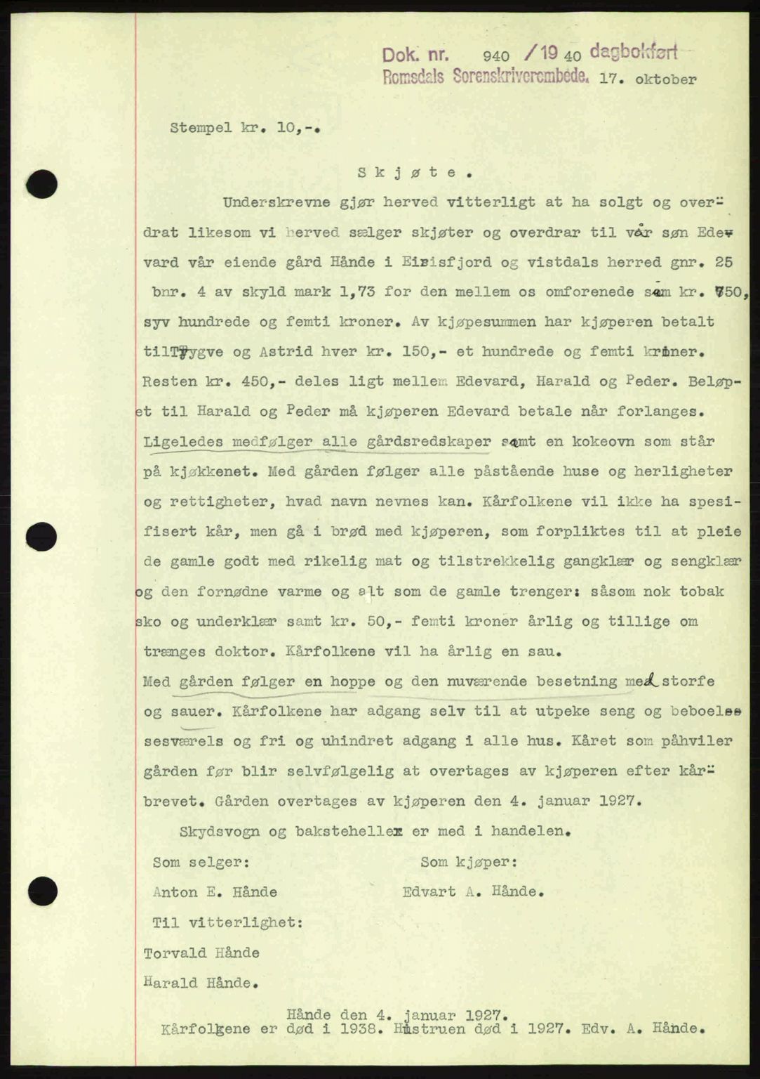 Romsdal sorenskriveri, AV/SAT-A-4149/1/2/2C: Mortgage book no. A8, 1939-1940, Diary no: : 940/1940