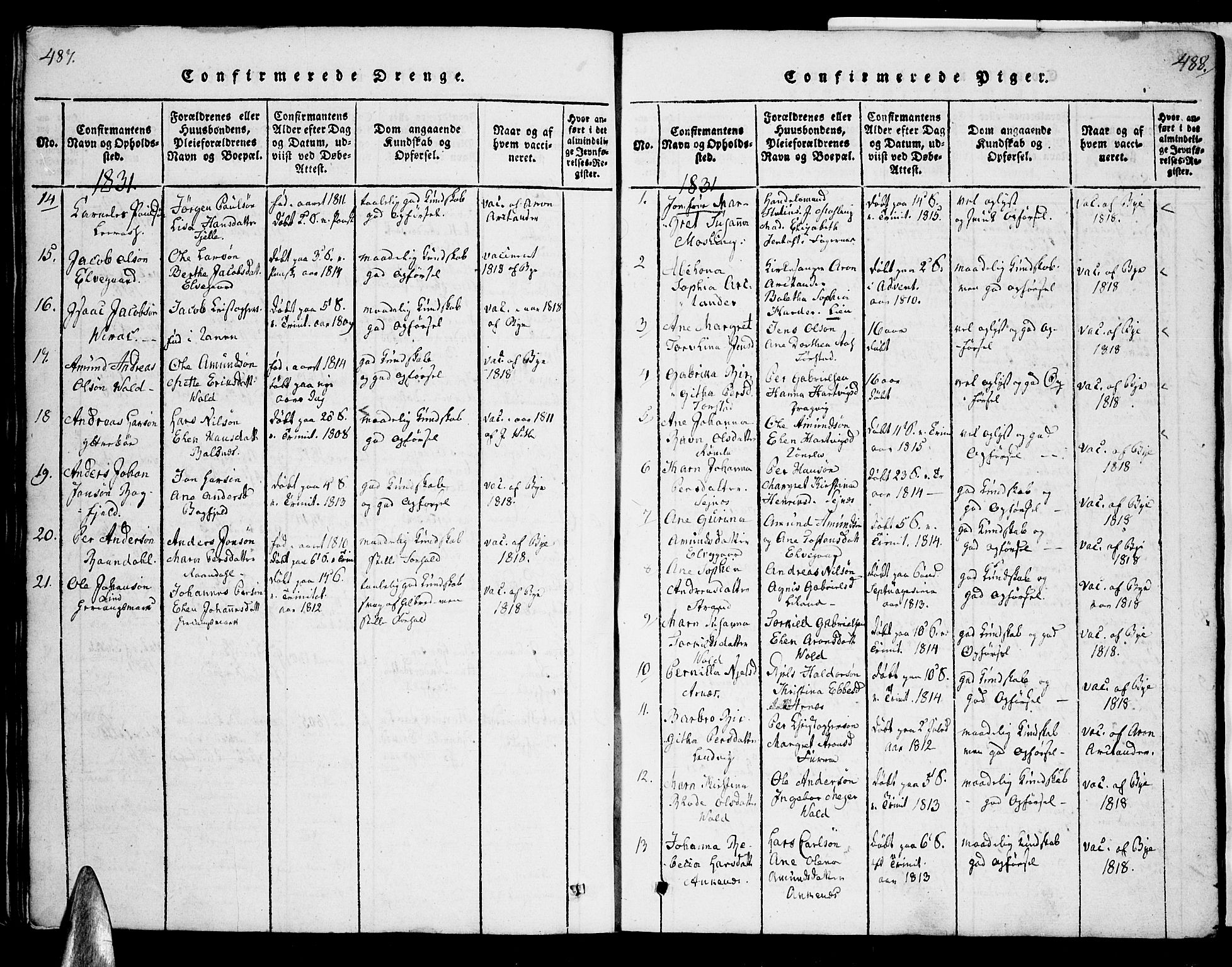 Ministerialprotokoller, klokkerbøker og fødselsregistre - Nordland, AV/SAT-A-1459/863/L0894: Parish register (official) no. 863A06, 1821-1851, p. 487-488