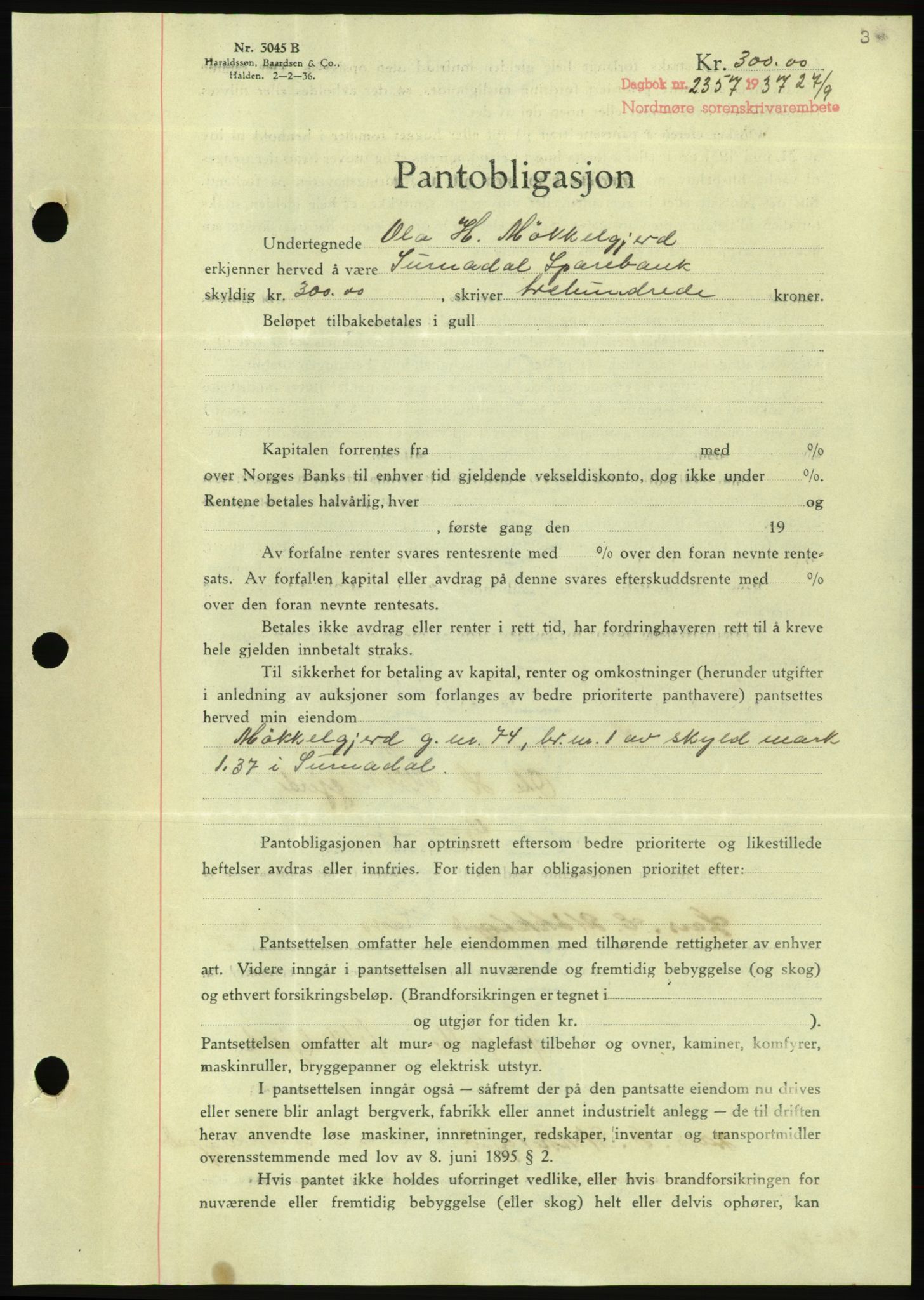 Nordmøre sorenskriveri, AV/SAT-A-4132/1/2/2Ca/L0092: Mortgage book no. B82, 1937-1938, Diary no: : 2357/1937