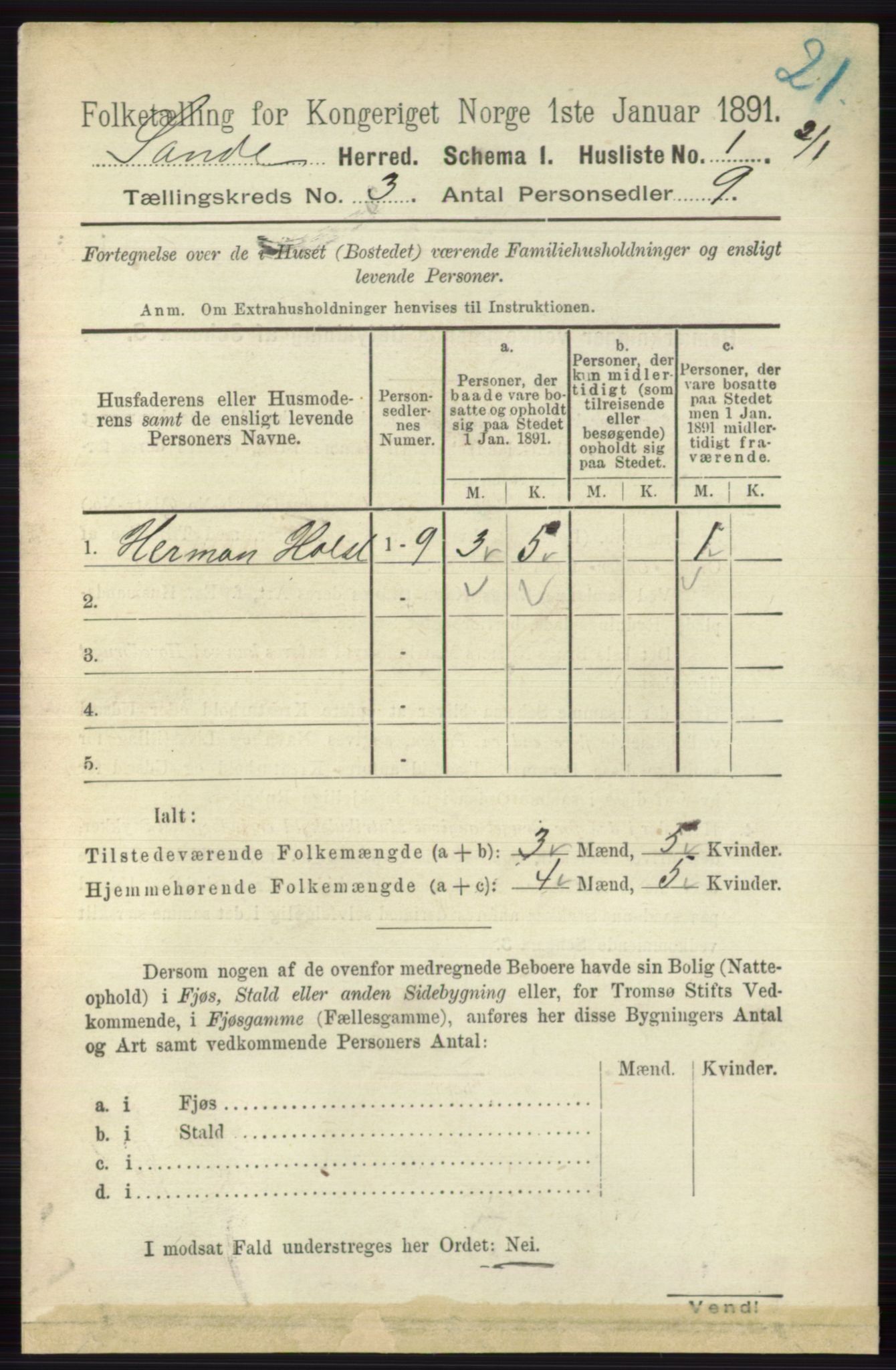 RA, 1891 census for 0713 Sande, 1891, p. 860